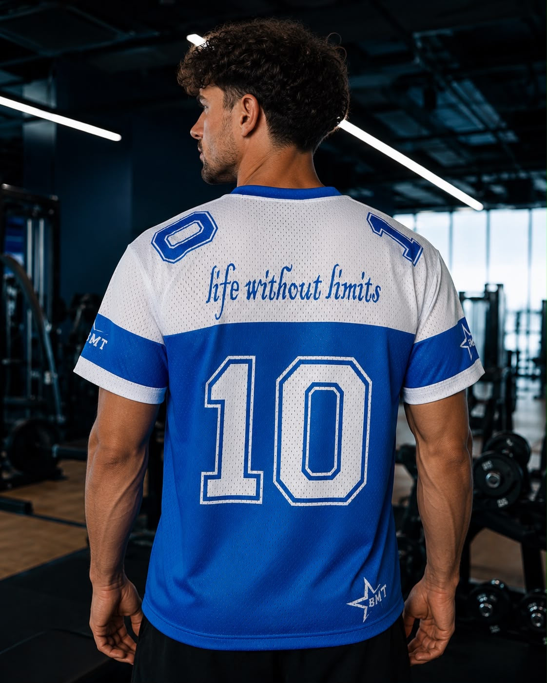 Blue BMT mesh tee back with number 10 and life without limits print