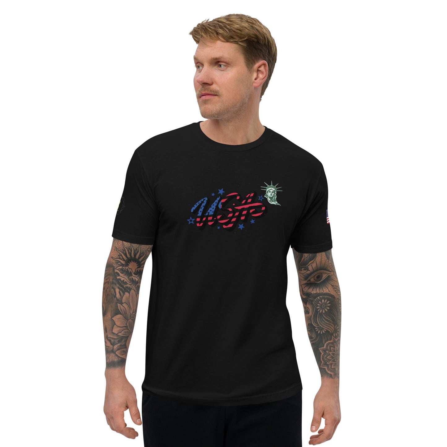 Men's Short Sleeve T-shirt (USA FLAGBURG AND STATUE OF LIBERTY)