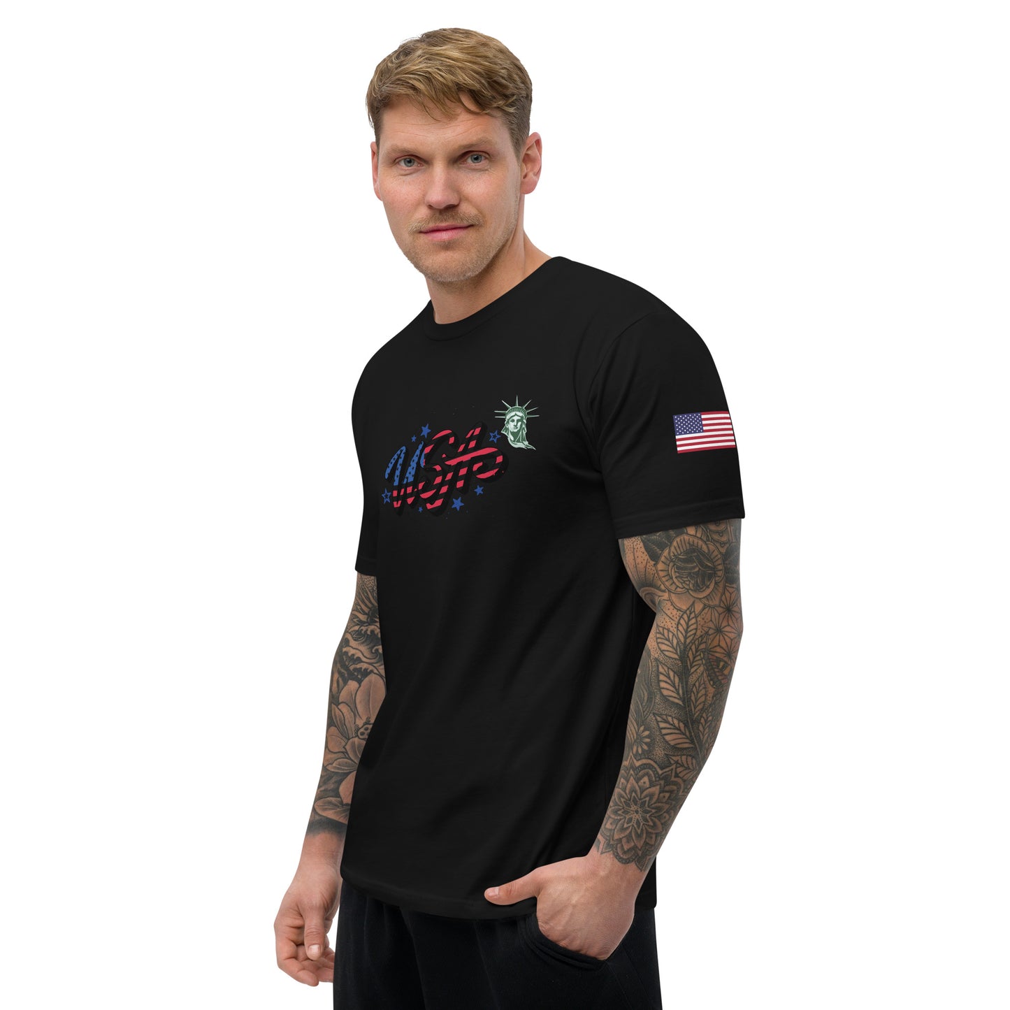 Men's Short Sleeve T-shirt (USA FLAGBURG AND STATUE OF LIBERTY)