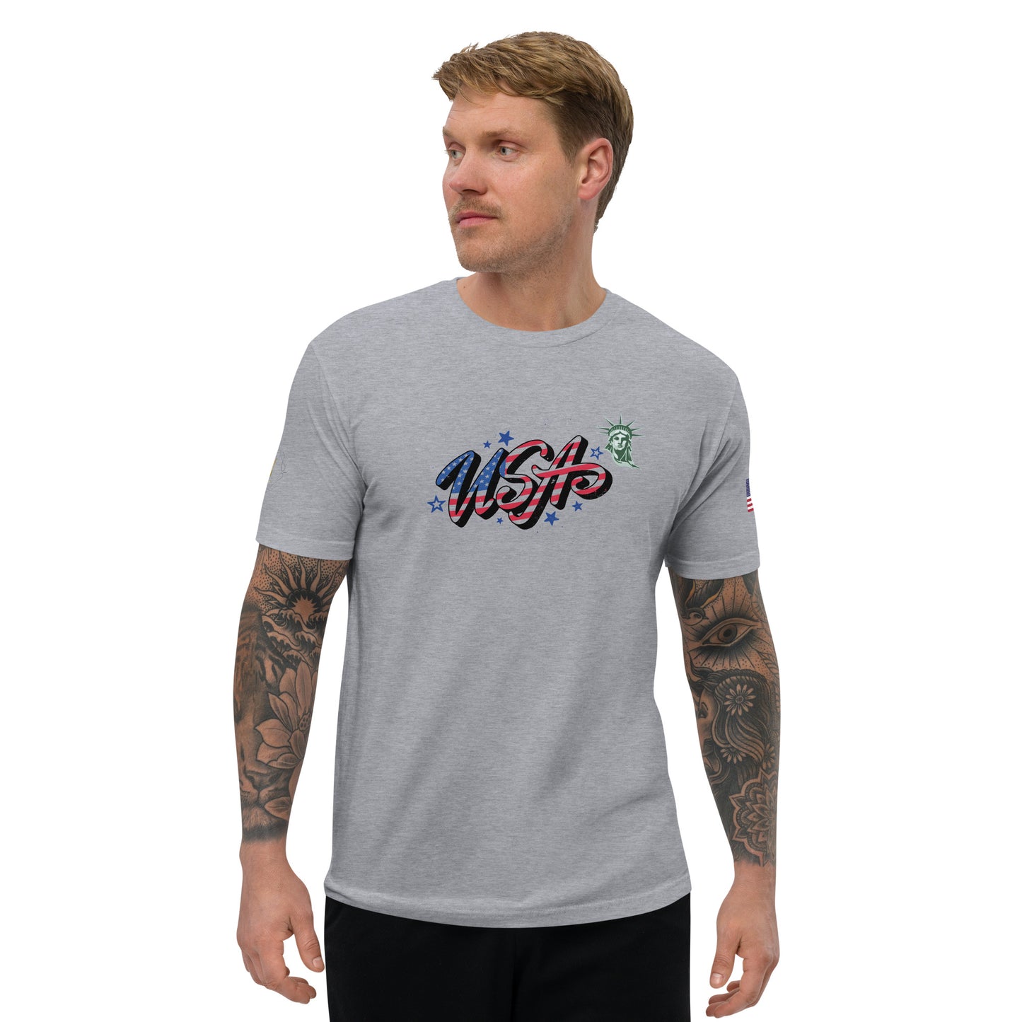 Men's Short Sleeve T-shirt (USA FLAGBURG AND STATUE OF LIBERTY)