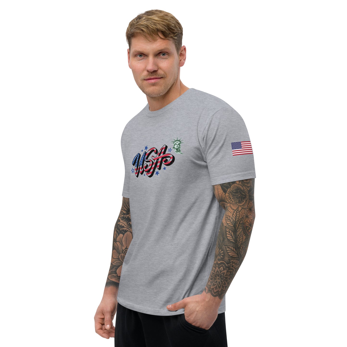 Men's Short Sleeve T-shirt (USA FLAGBURG AND STATUE OF LIBERTY)