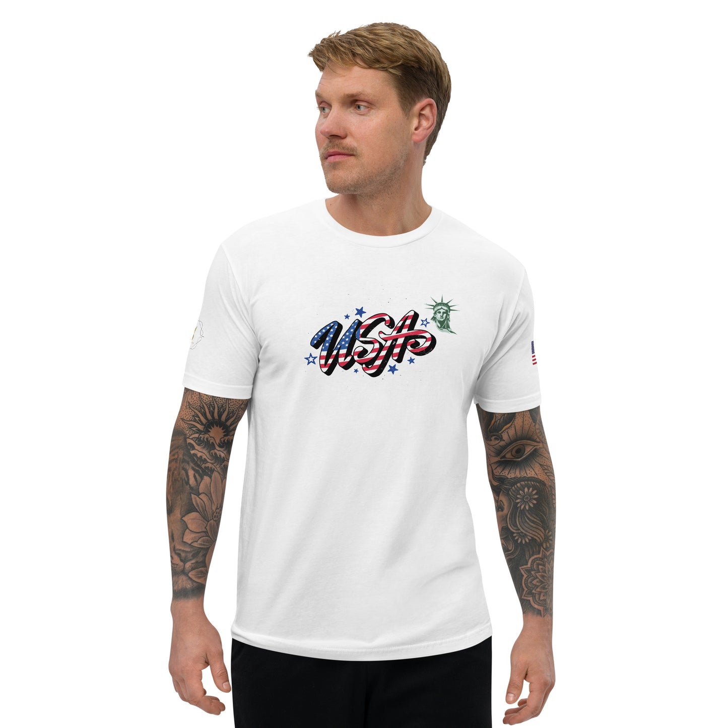 Men's Short Sleeve T-shirt (USA FLAGBURG AND STATUE OF LIBERTY)