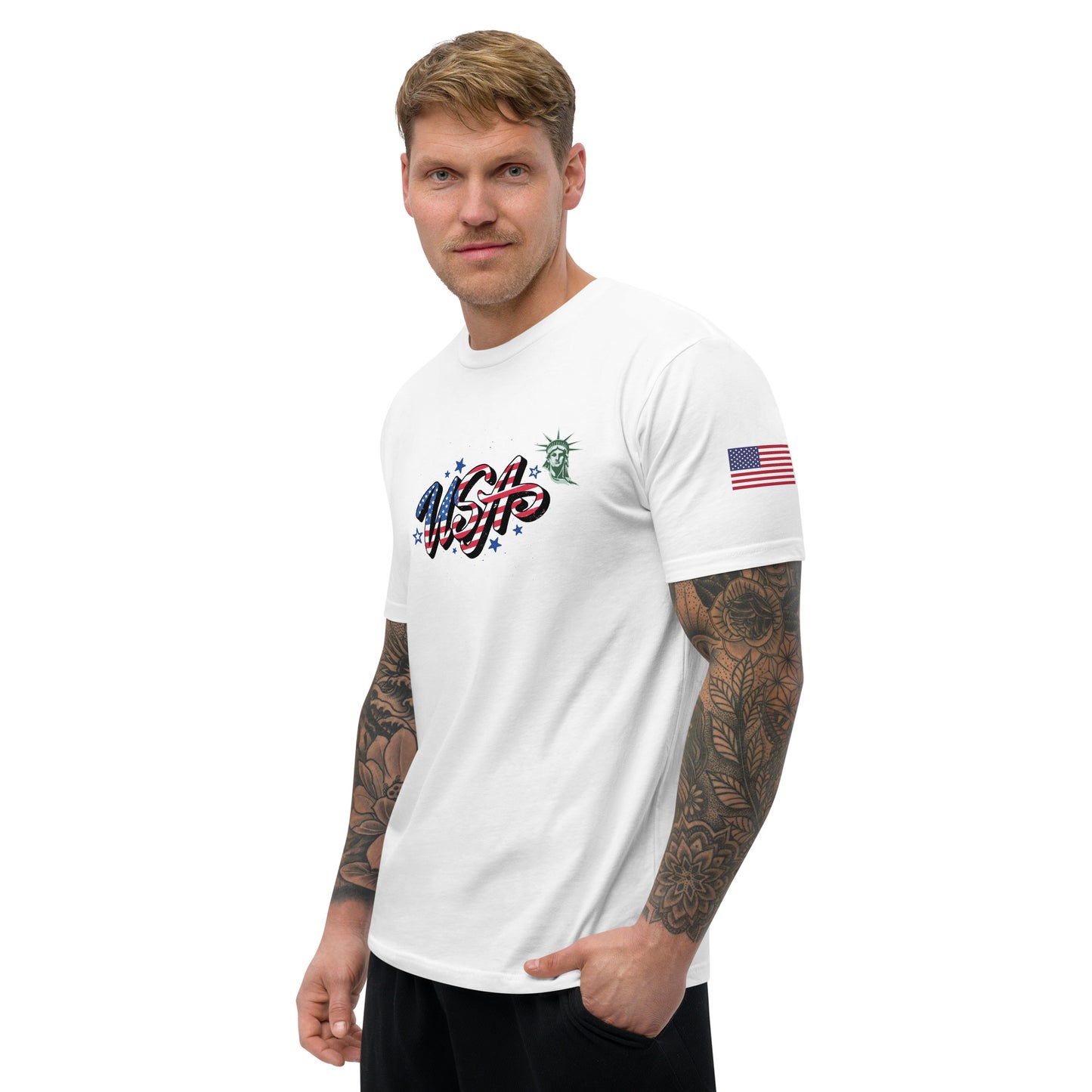 Men's Short Sleeve T-shirt (USA FLAGBURG AND STATUE OF LIBERTY)