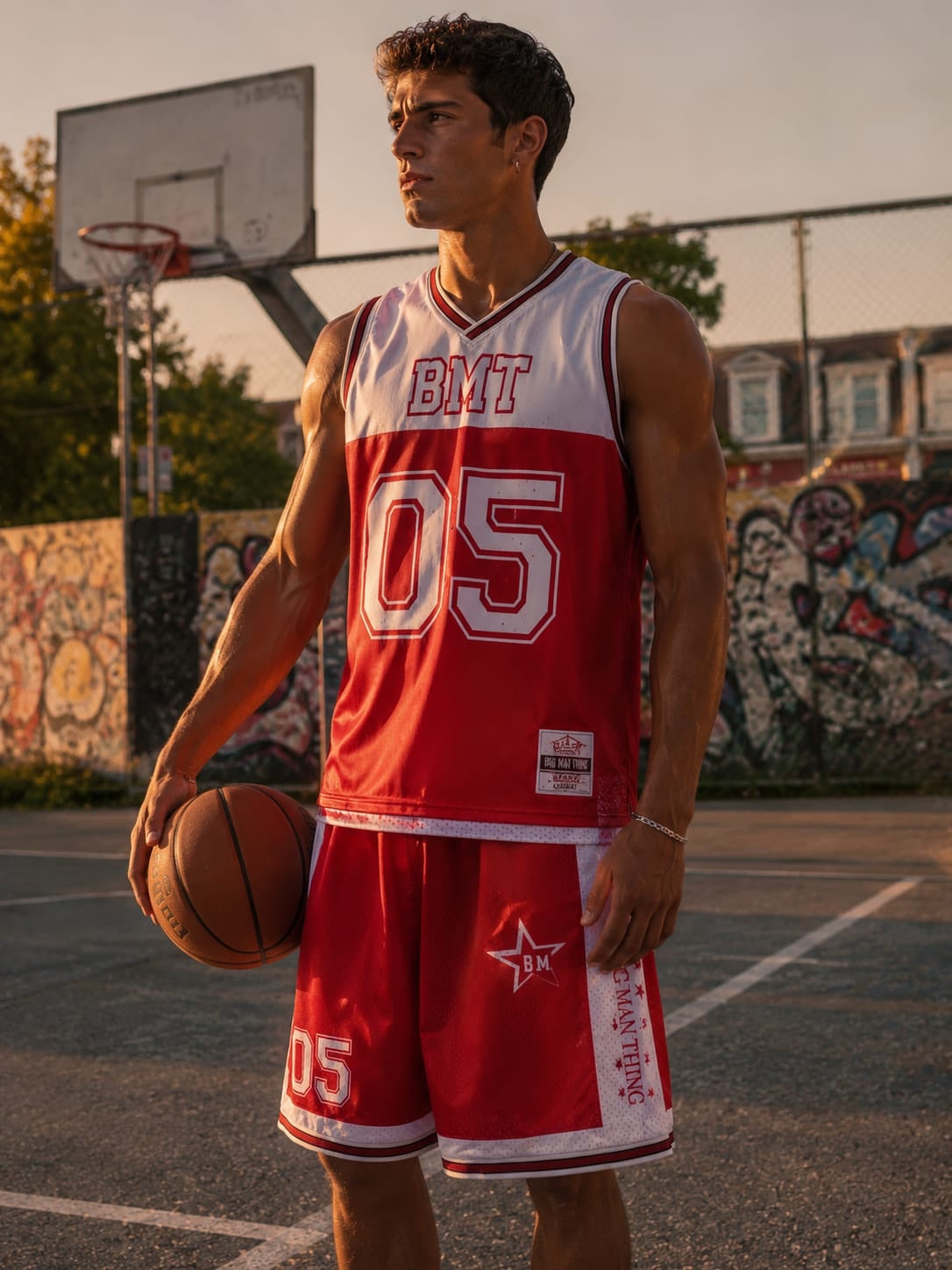 Red BMT jersey and shorts worn on a basketball court
