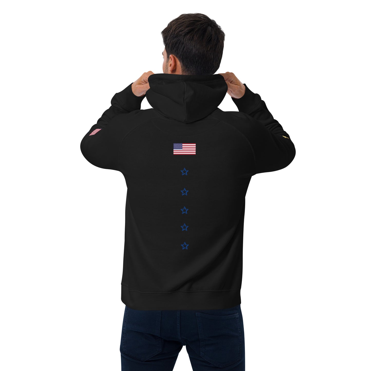 Unisex eco raglan hoodie (USA FLAGBURG AND STATUE OF LIBERTY)