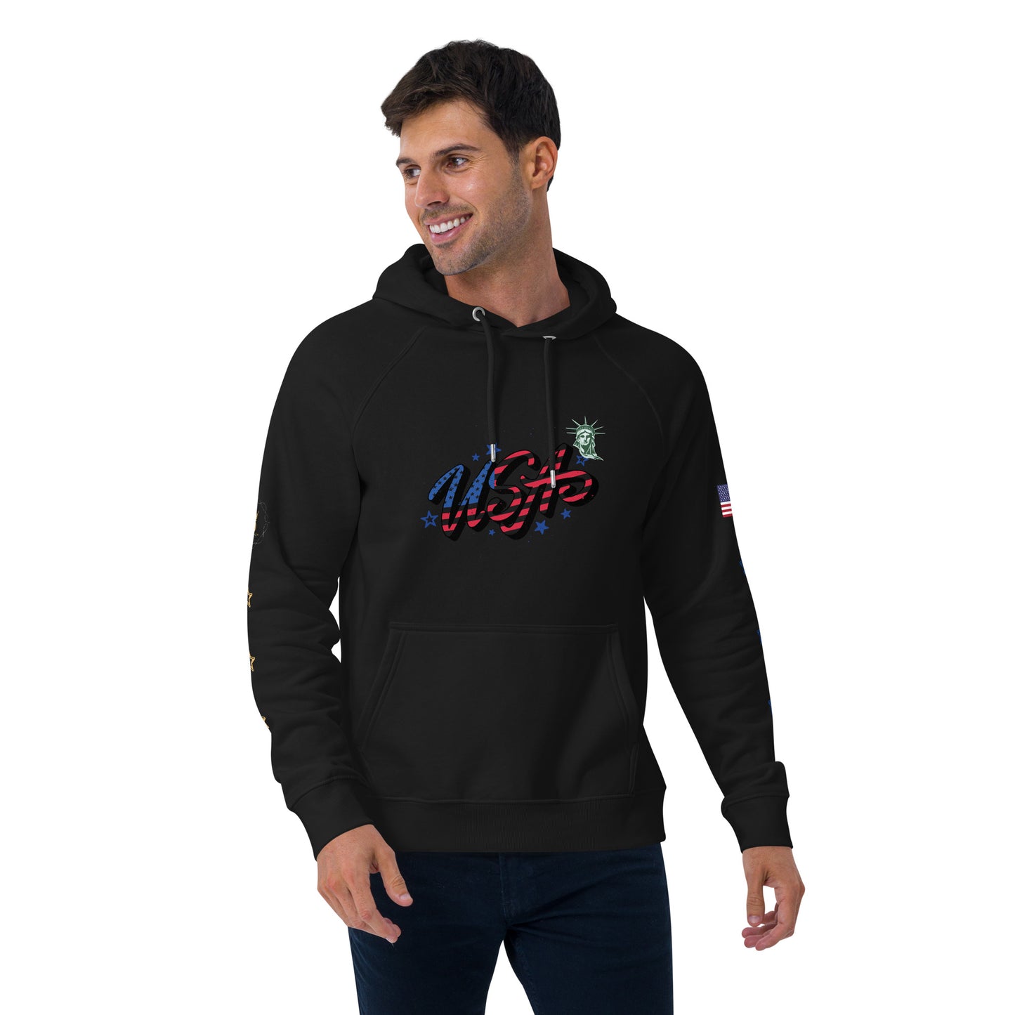Unisex eco raglan hoodie (USA FLAGBURG AND STATUE OF LIBERTY)
