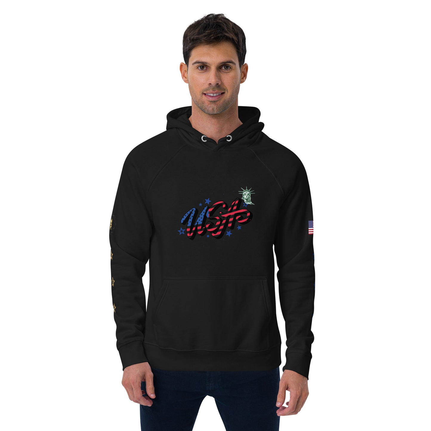 Unisex eco raglan hoodie (USA FLAGBURG AND STATUE OF LIBERTY)