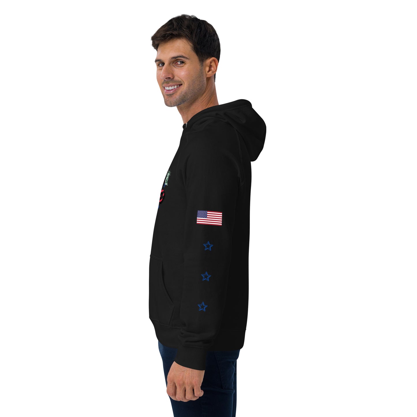 Unisex eco raglan hoodie (USA FLAGBURG AND STATUE OF LIBERTY)