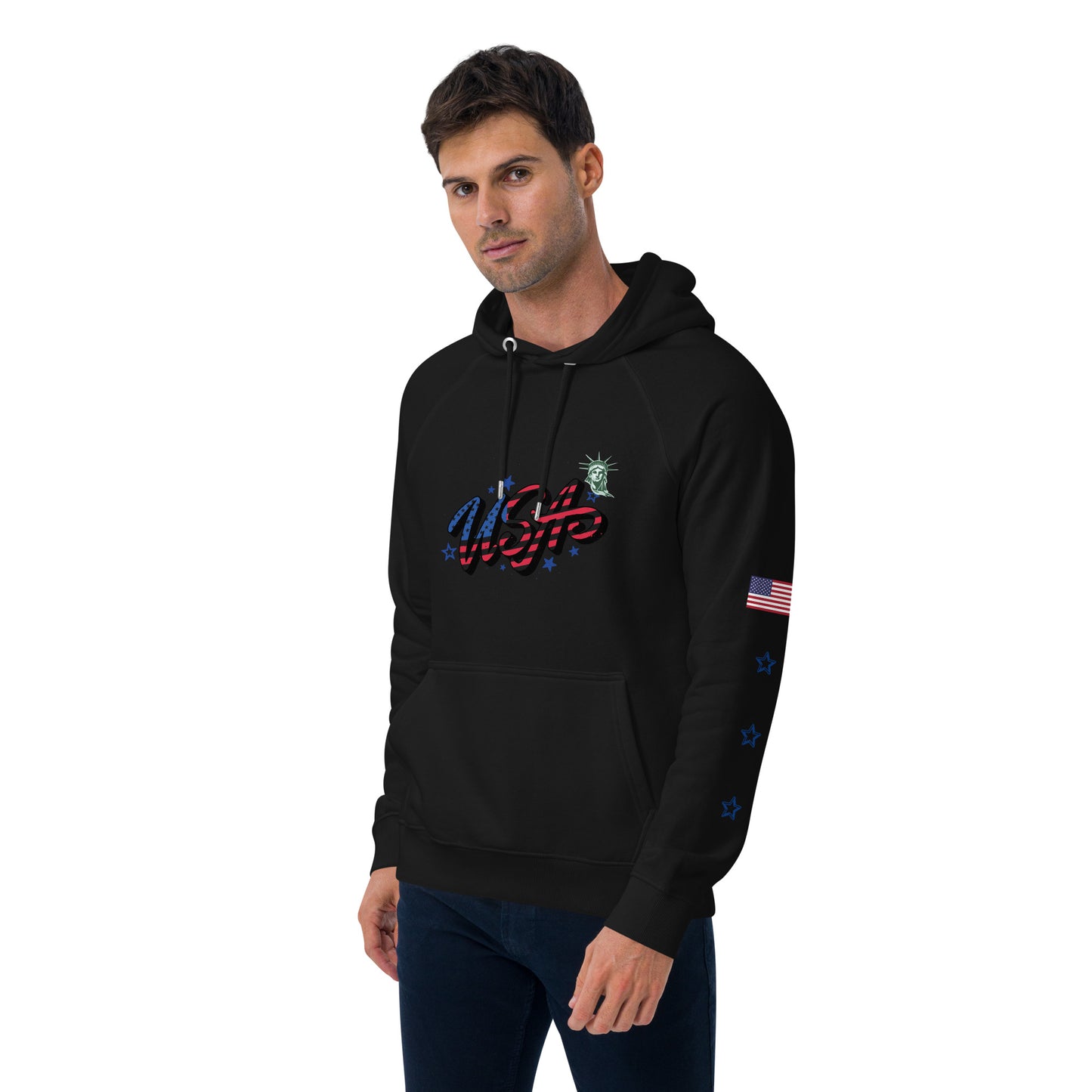 Unisex eco raglan hoodie (USA FLAGBURG AND STATUE OF LIBERTY)
