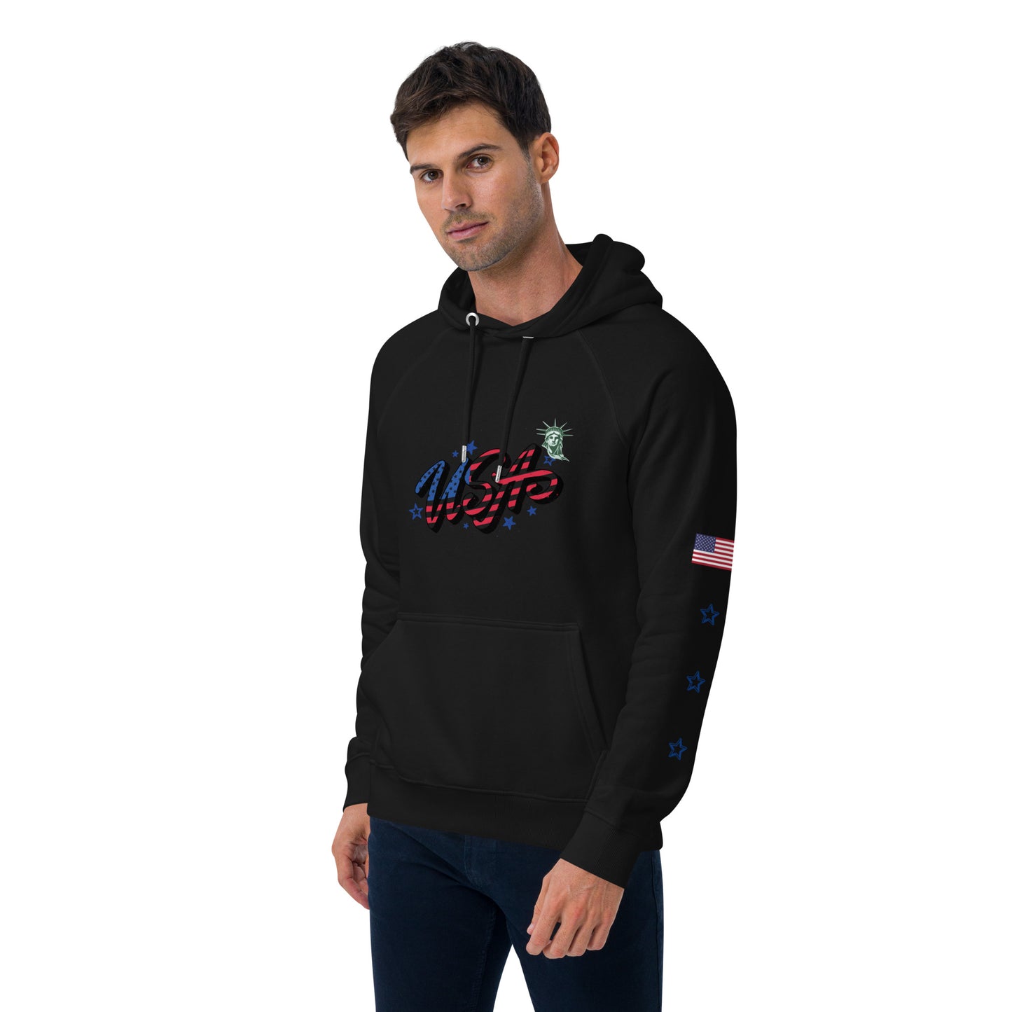 Unisex eco raglan hoodie (USA FLAG AND STATUE OF LIBERTY