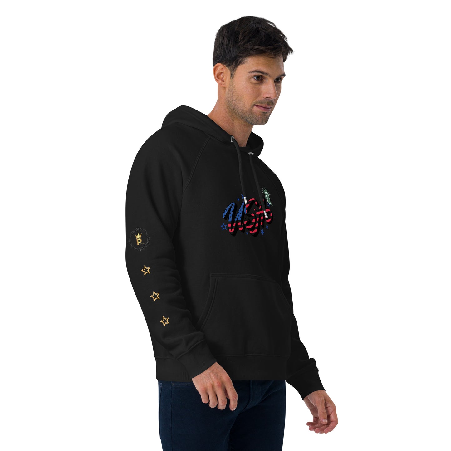 Unisex eco raglan hoodie (USA FLAGBURG AND STATUE OF LIBERTY)