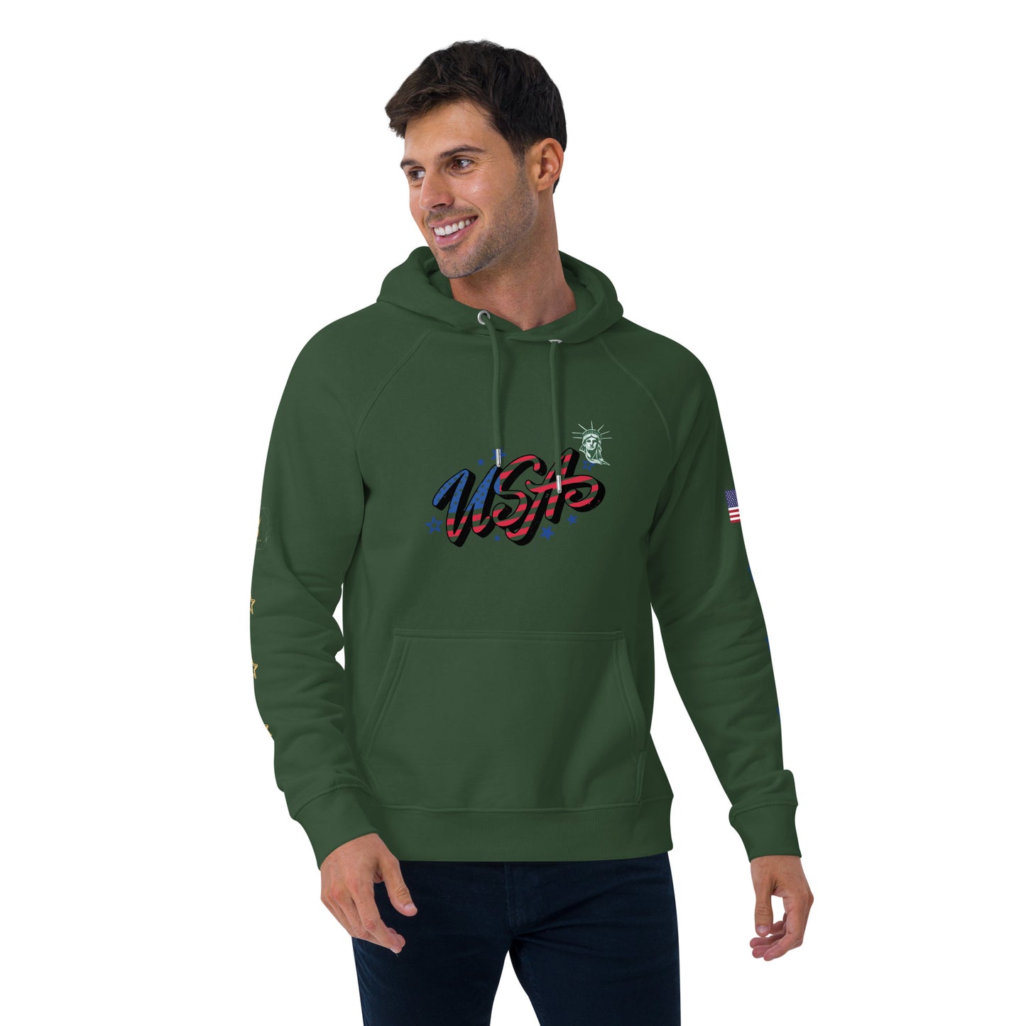 Unisex eco raglan hoodie (USA FLAGBURG AND STATUE OF LIBERTY)