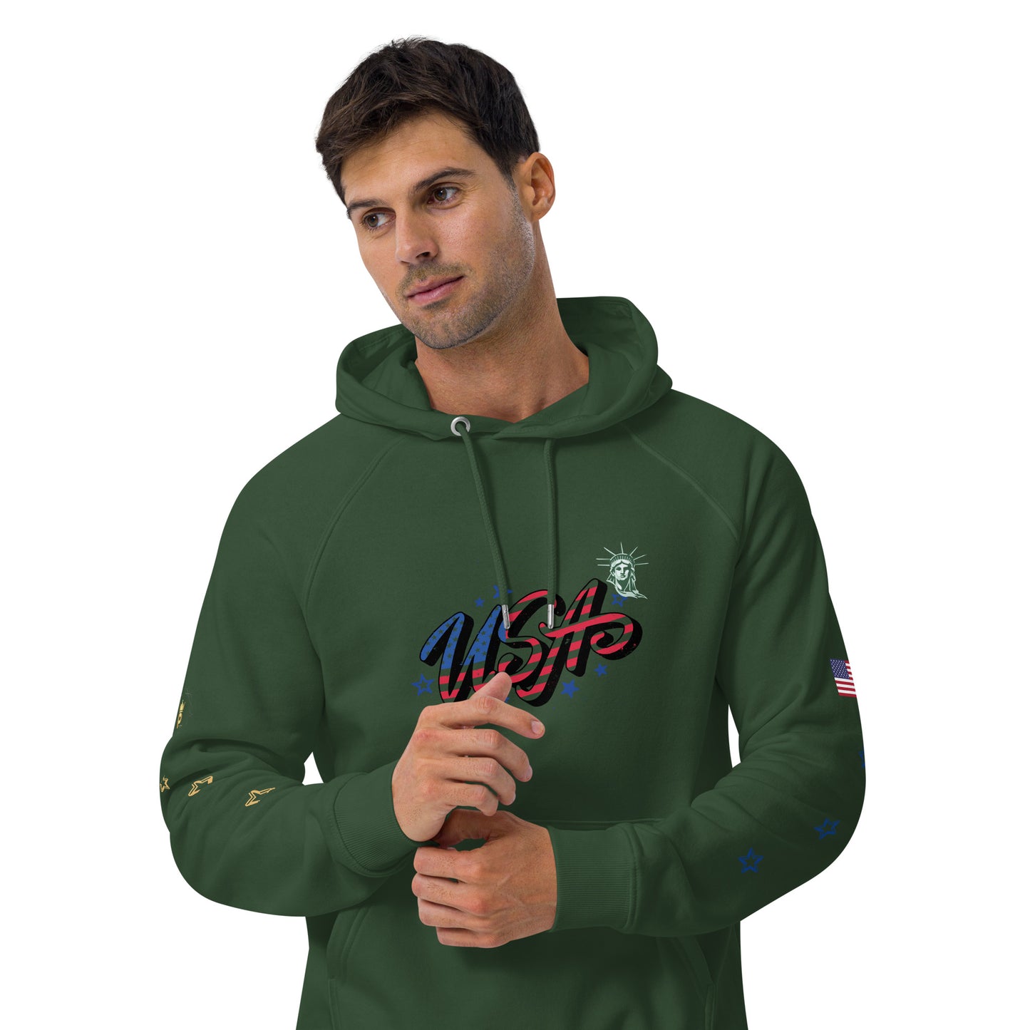 Unisex eco raglan hoodie (USA FLAGBURG AND STATUE OF LIBERTY)