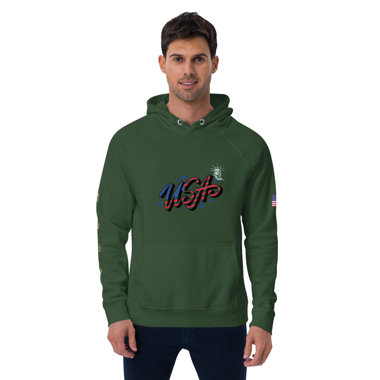 Unisex eco raglan hoodie (USA FLAGBURG AND STATUE OF LIBERTY)