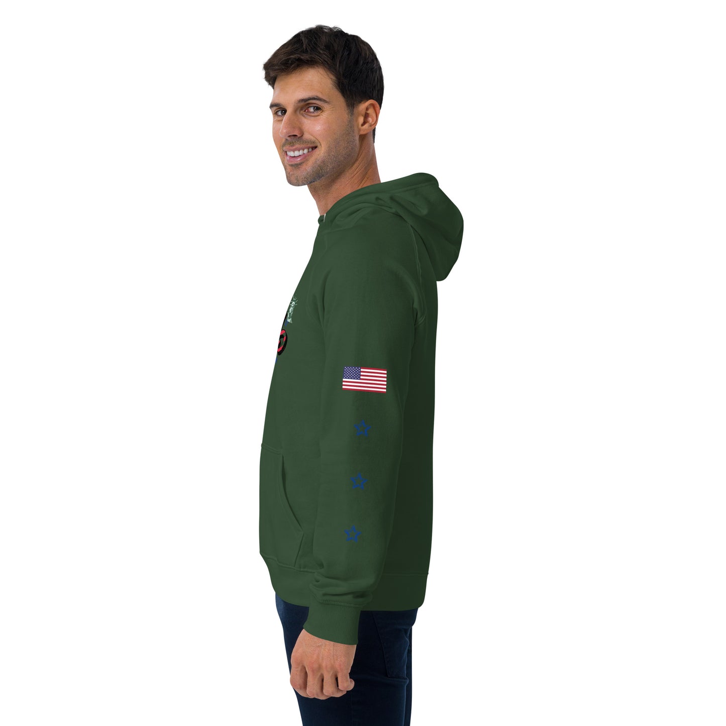Unisex eco raglan hoodie (USA FLAGBURG AND STATUE OF LIBERTY)