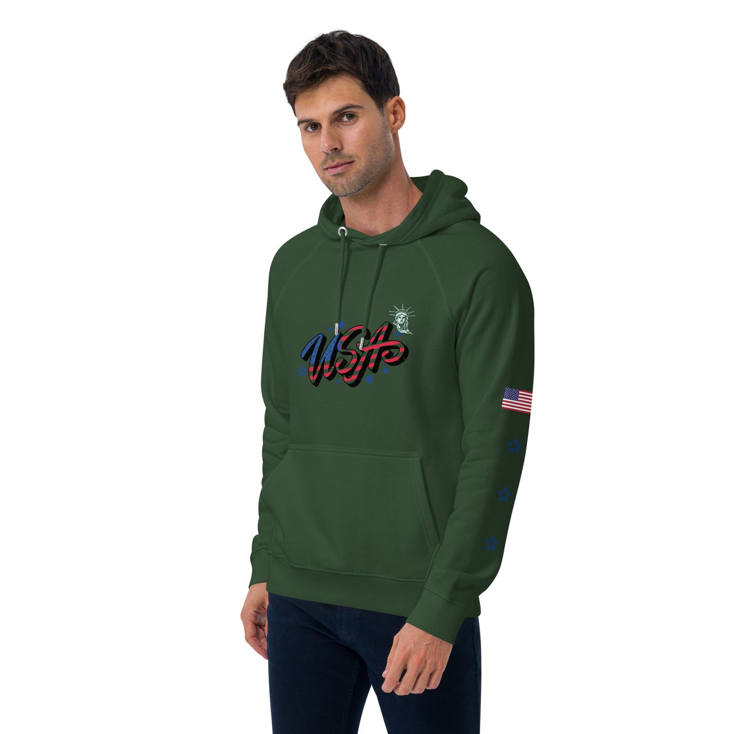 Unisex eco raglan hoodie (USA FLAGBURG AND STATUE OF LIBERTY)