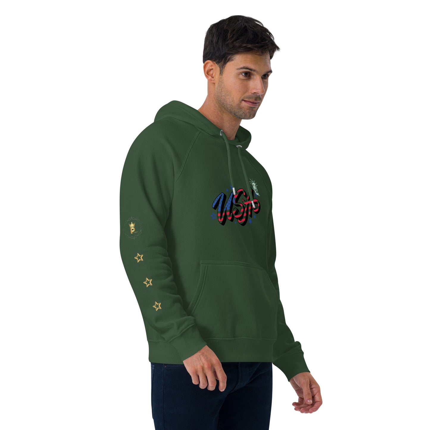 Unisex eco raglan hoodie (USA FLAGBURG AND STATUE OF LIBERTY)