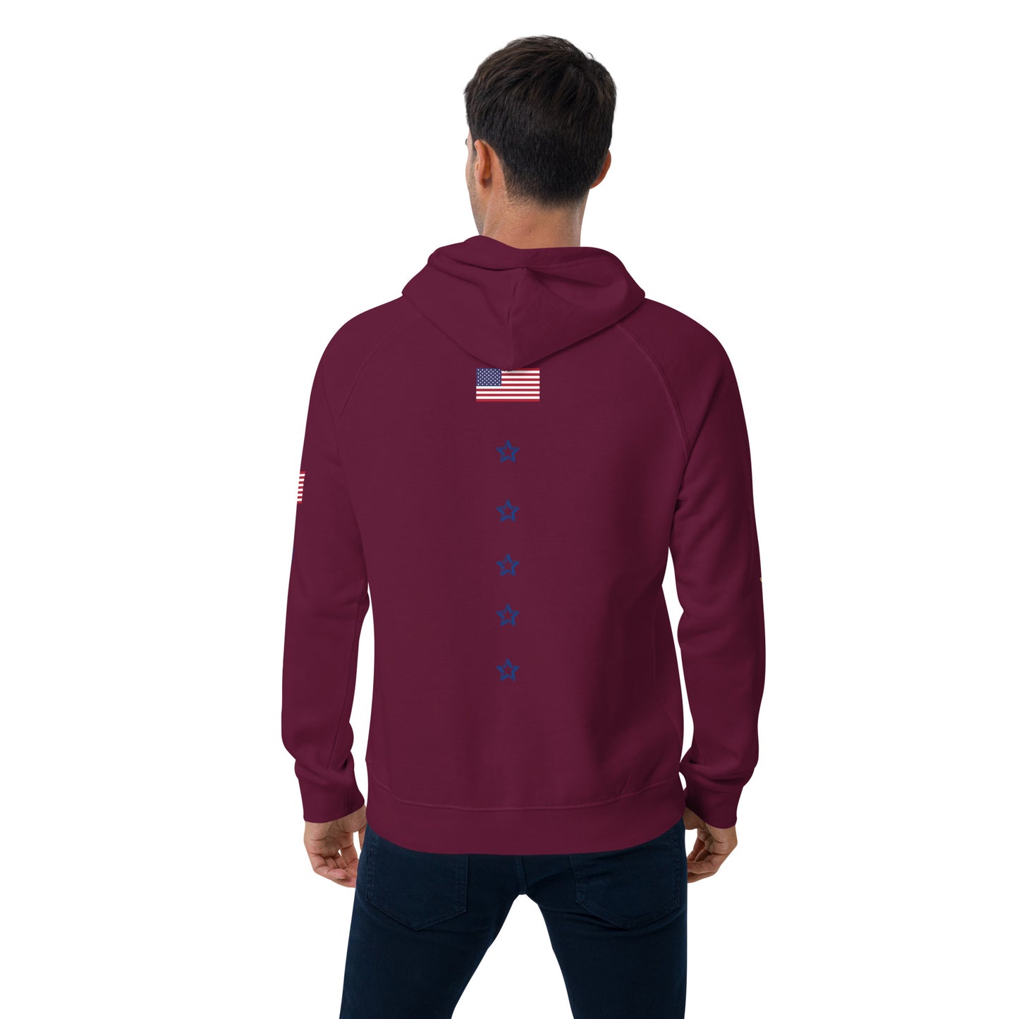 Unisex eco raglan hoodie (USA FLAGBURG AND STATUE OF LIBERTY)