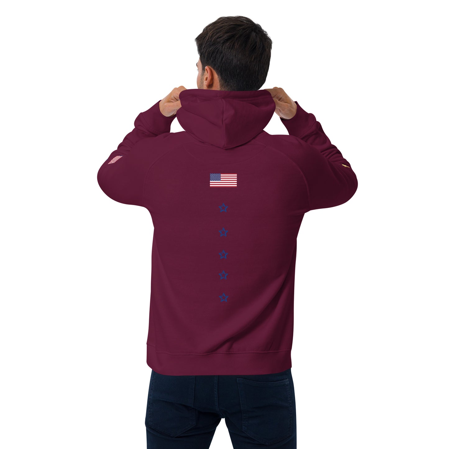 Unisex eco raglan hoodie (USA FLAGBURG AND STATUE OF LIBERTY)