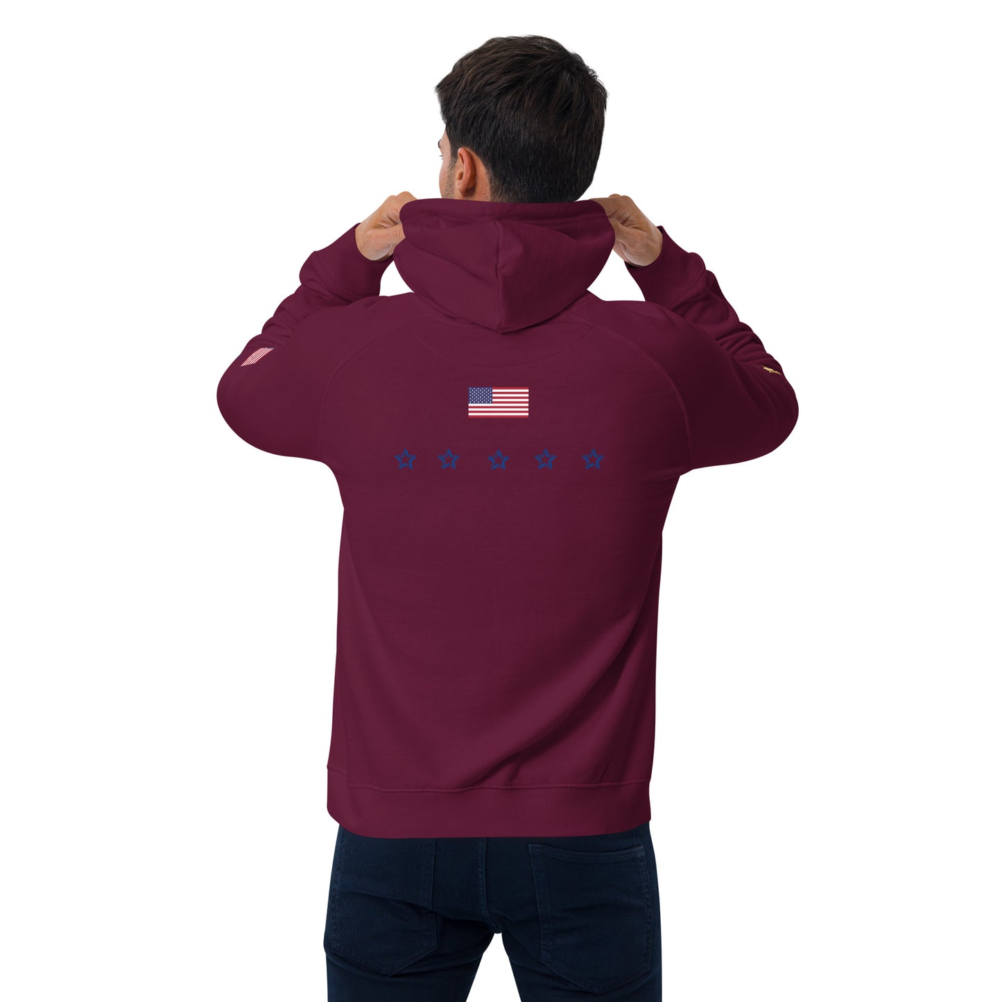 Unisex eco raglan hoodie (USA FLAG AND STATUE OF LIBERTY