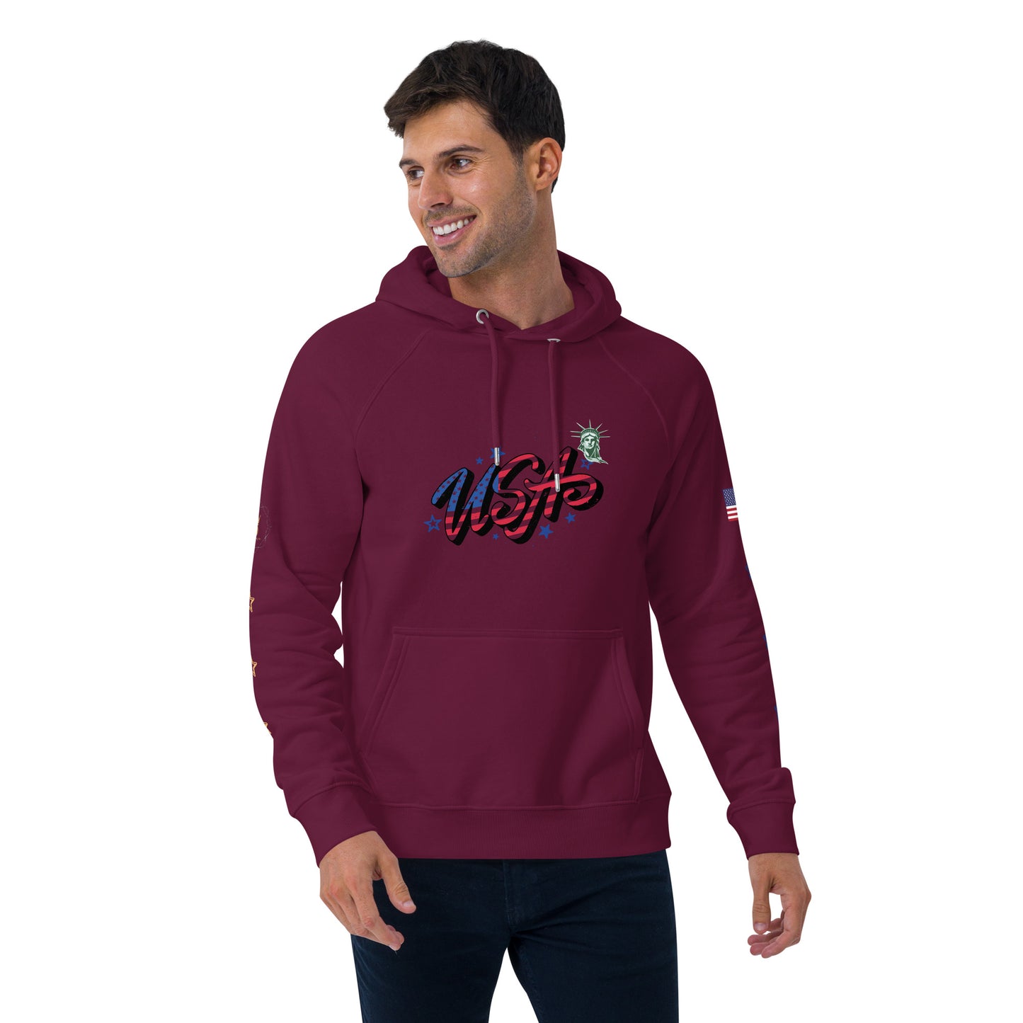 Unisex eco raglan hoodie (USA FLAGBURG AND STATUE OF LIBERTY)