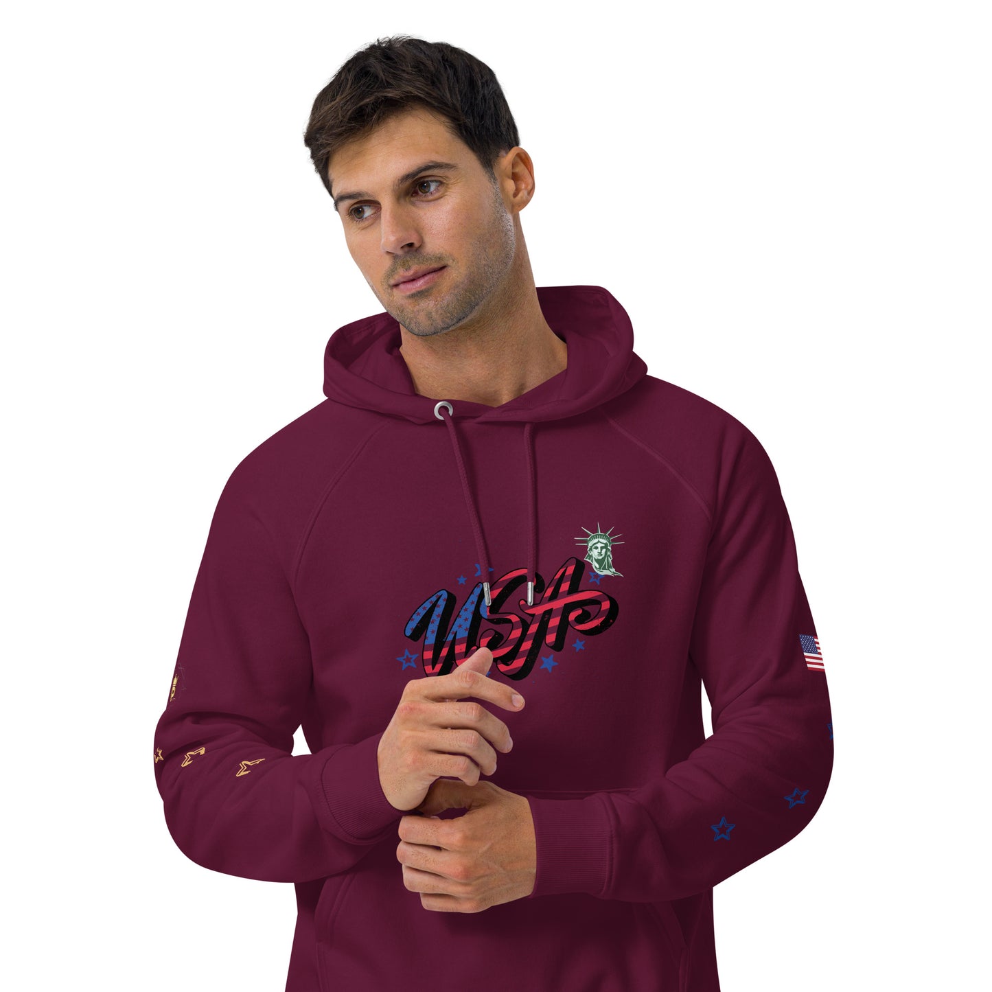Unisex eco raglan hoodie (USA FLAGBURG AND STATUE OF LIBERTY)