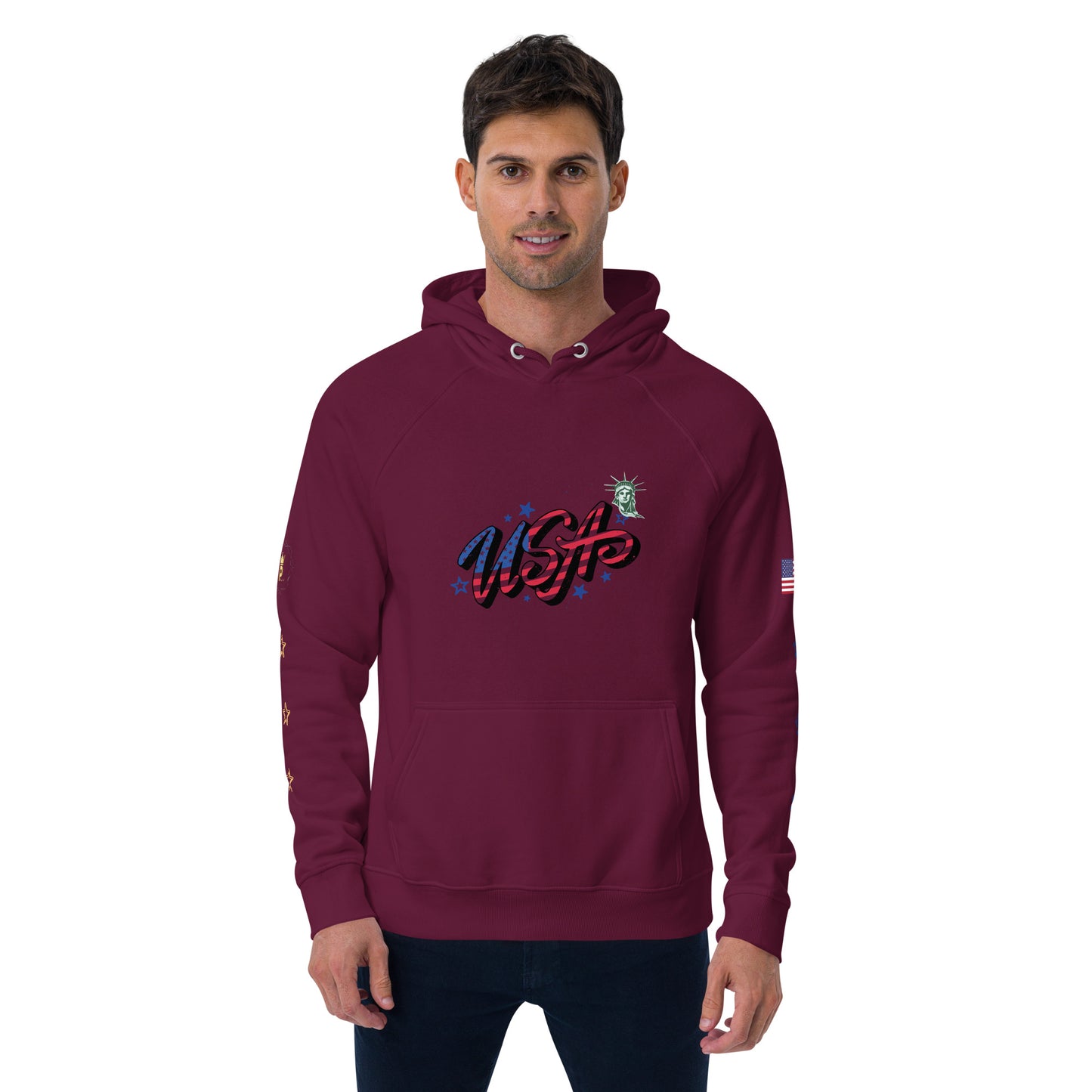 Unisex eco raglan hoodie (USA FLAGBURG AND STATUE OF LIBERTY)