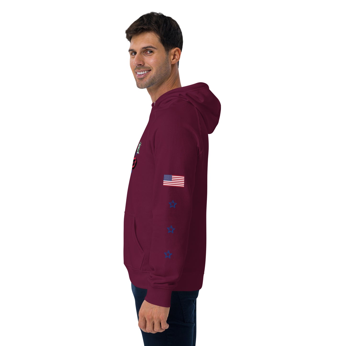 Unisex eco raglan hoodie (USA FLAGBURG AND STATUE OF LIBERTY)