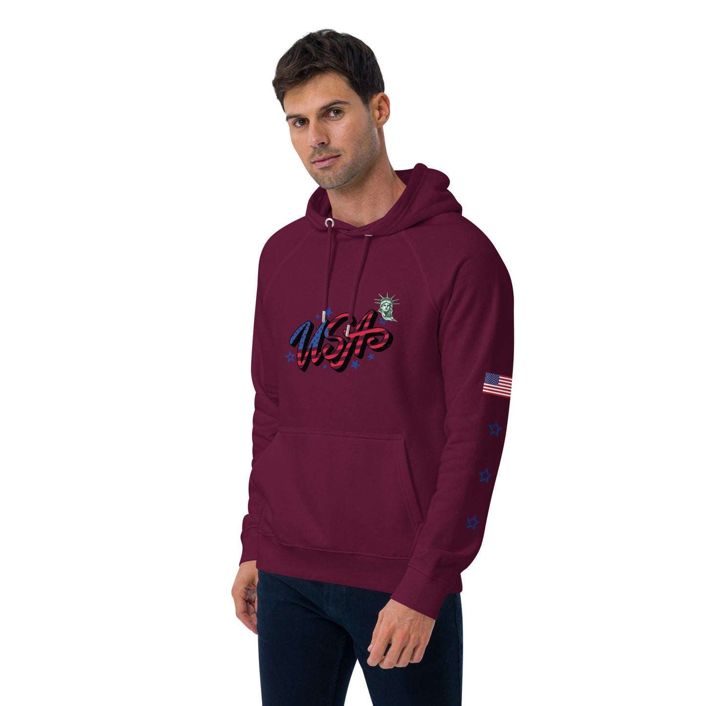 Unisex eco raglan hoodie (USA FLAGBURG AND STATUE OF LIBERTY)
