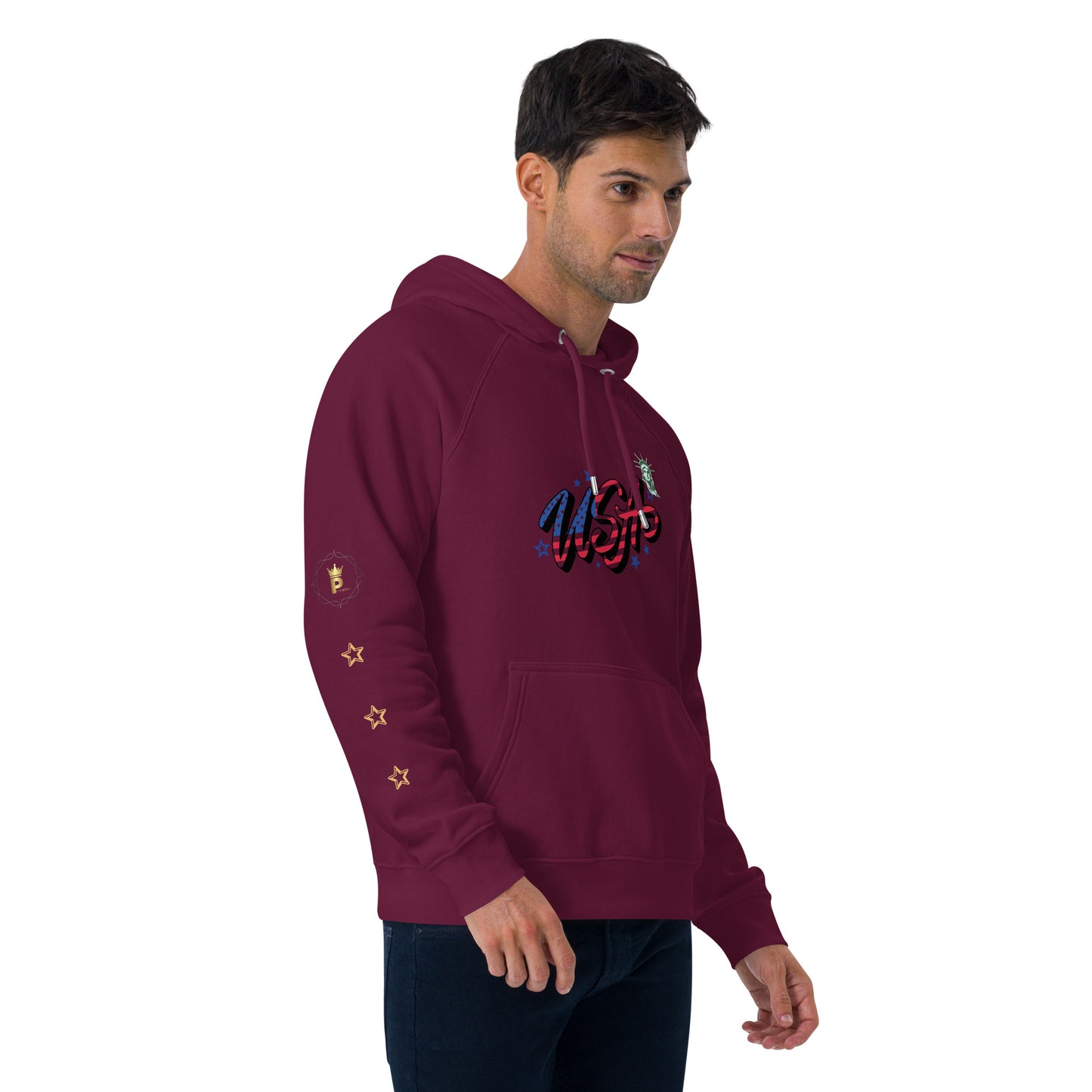 Unisex eco raglan hoodie (USA FLAGBURG AND STATUE OF LIBERTY)