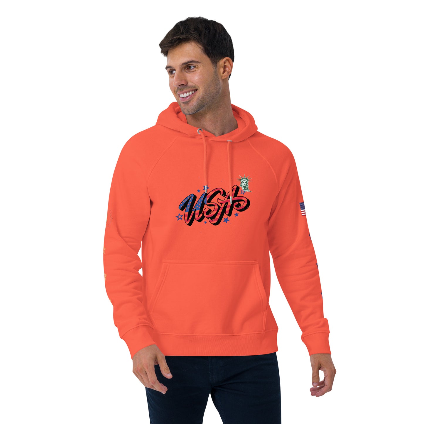 Unisex eco raglan hoodie (USA FLAGBURG AND STATUE OF LIBERTY)