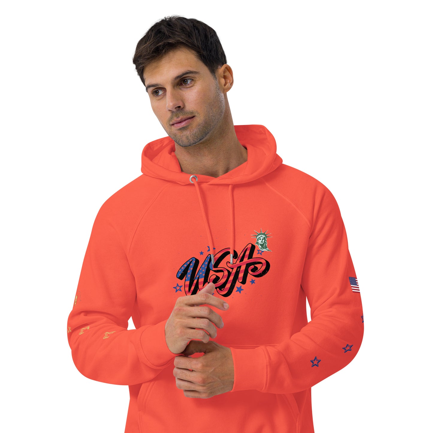 Unisex eco raglan hoodie (USA FLAGBURG AND STATUE OF LIBERTY)