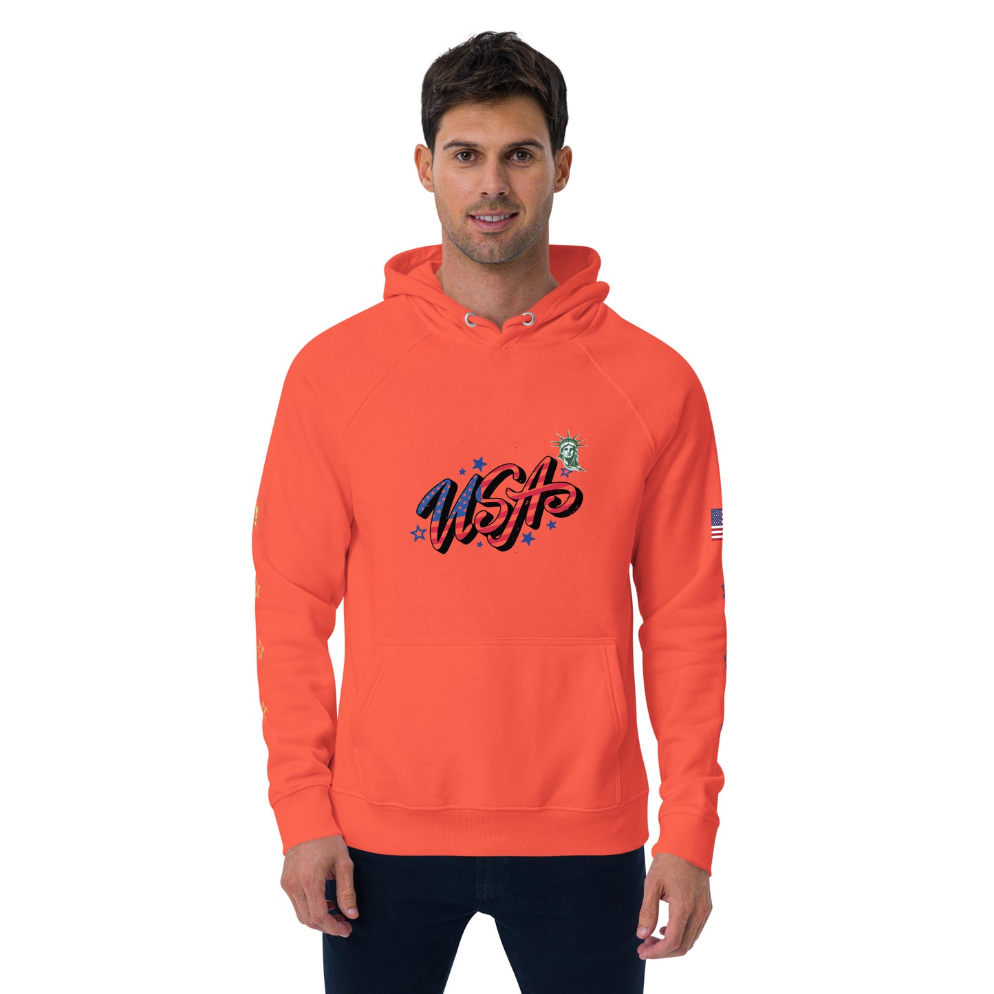 Unisex eco raglan hoodie (USA FLAGBURG AND STATUE OF LIBERTY)