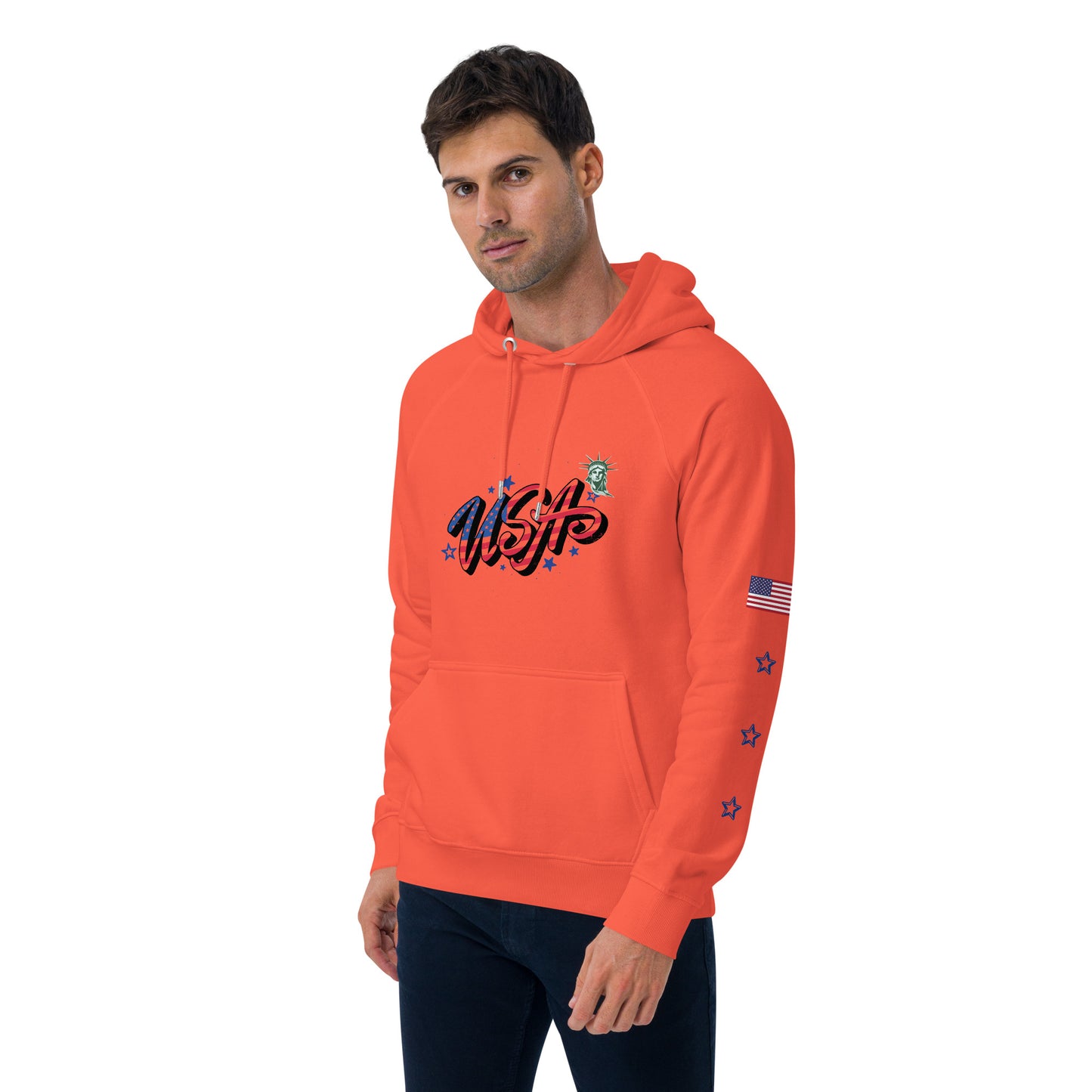 Unisex eco raglan hoodie (USA FLAGBURG AND STATUE OF LIBERTY)