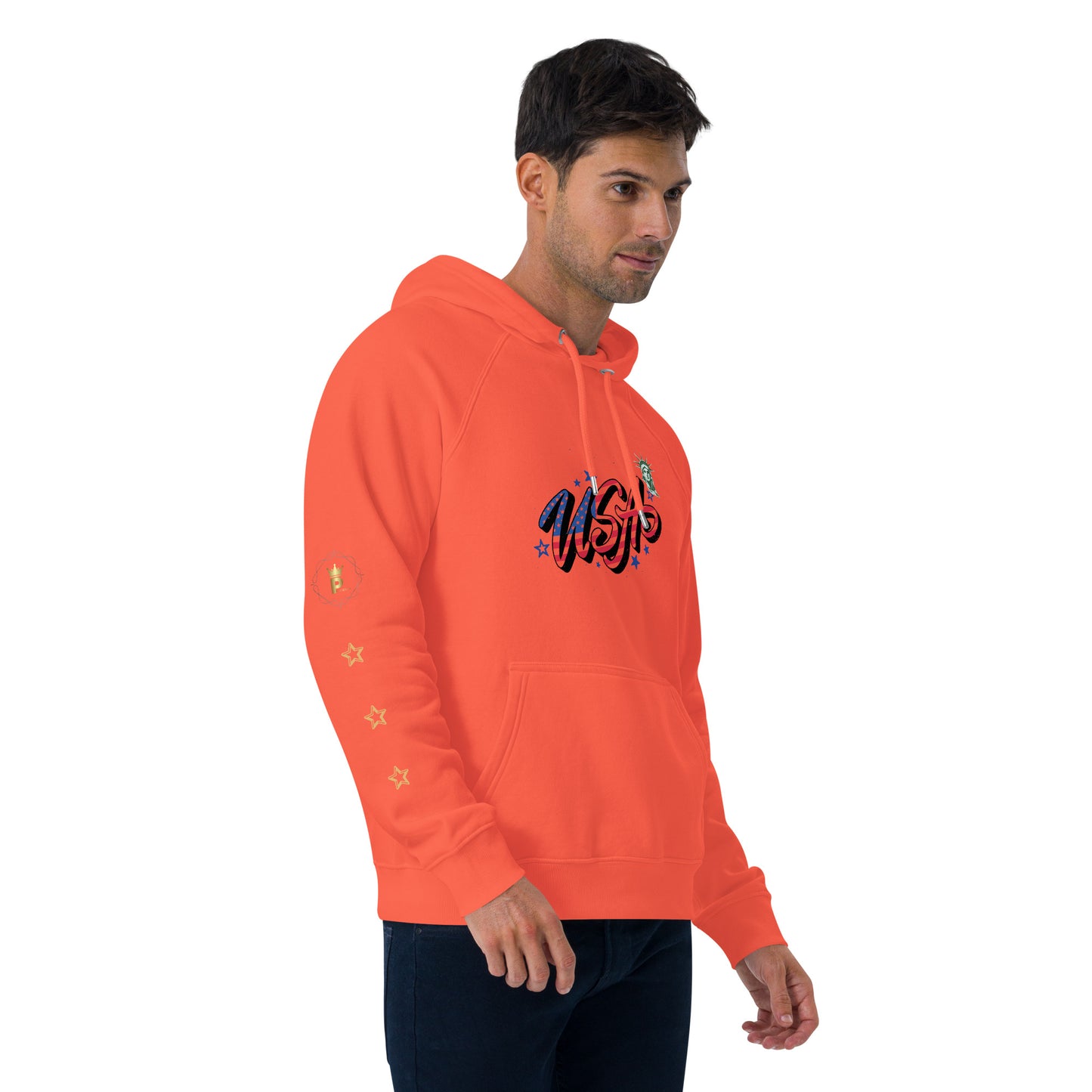 Unisex eco raglan hoodie (USA FLAGBURG AND STATUE OF LIBERTY)