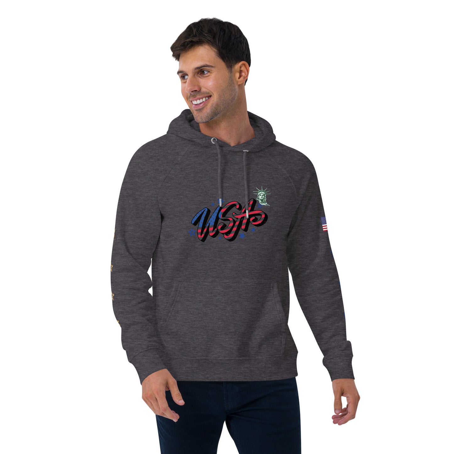 Unisex eco raglan hoodie (USA FLAGBURG AND STATUE OF LIBERTY)