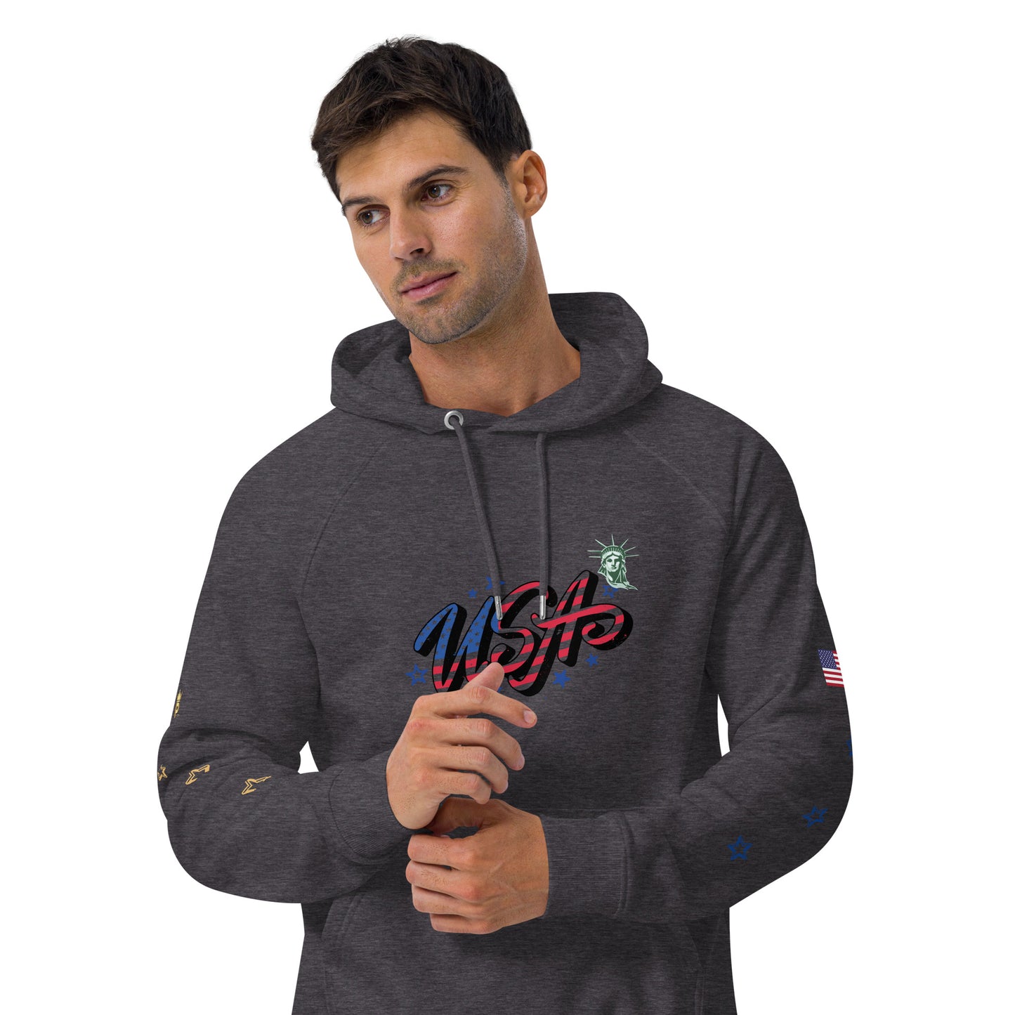 Unisex eco raglan hoodie (USA FLAGBURG AND STATUE OF LIBERTY)