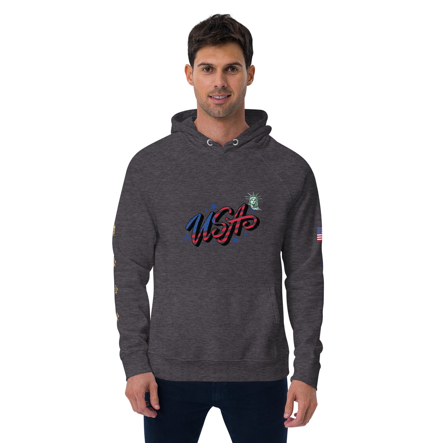 Unisex eco raglan hoodie (USA FLAGBURG AND STATUE OF LIBERTY)