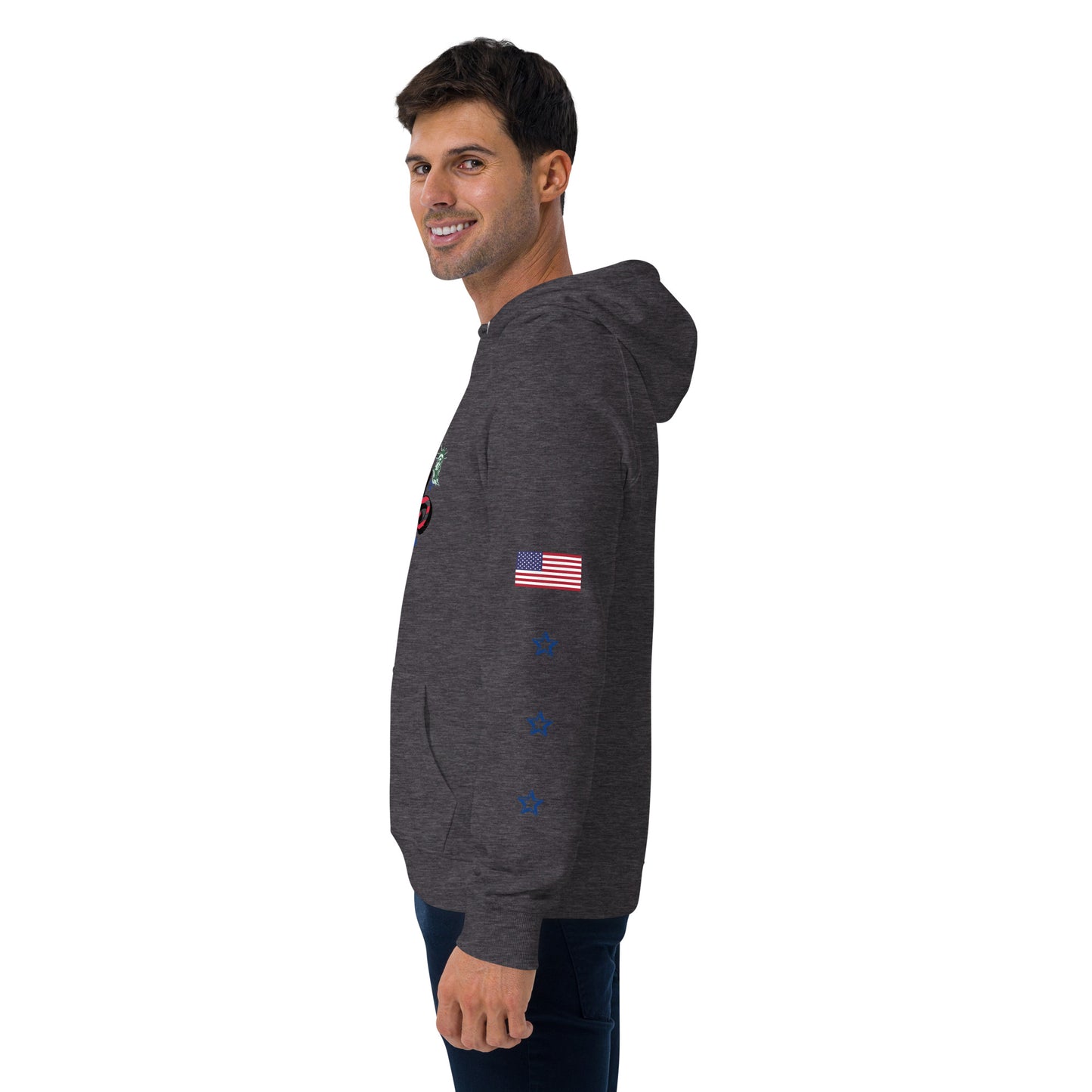 Unisex eco raglan hoodie (USA FLAGBURG AND STATUE OF LIBERTY)