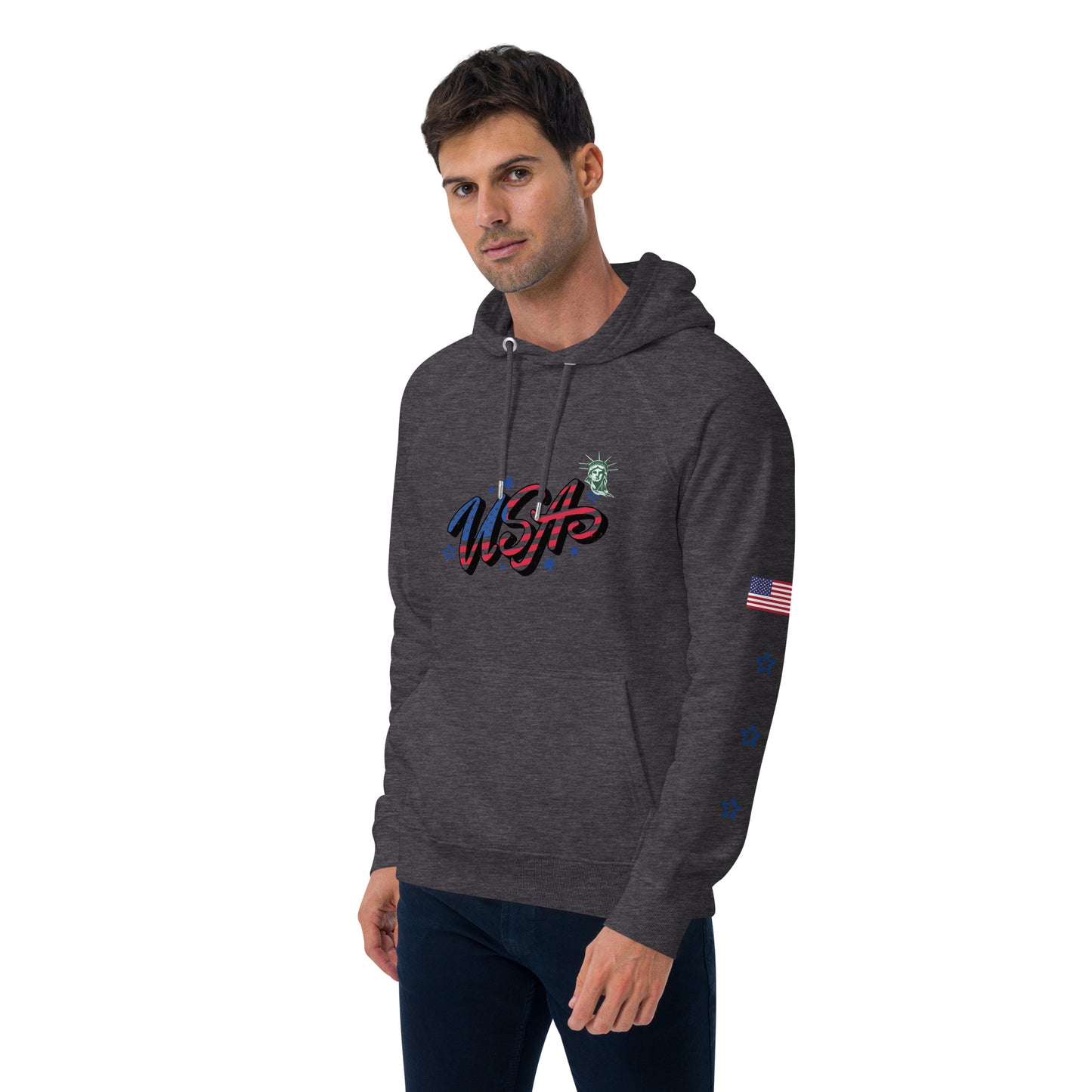 Unisex eco raglan hoodie (USA FLAGBURG AND STATUE OF LIBERTY)