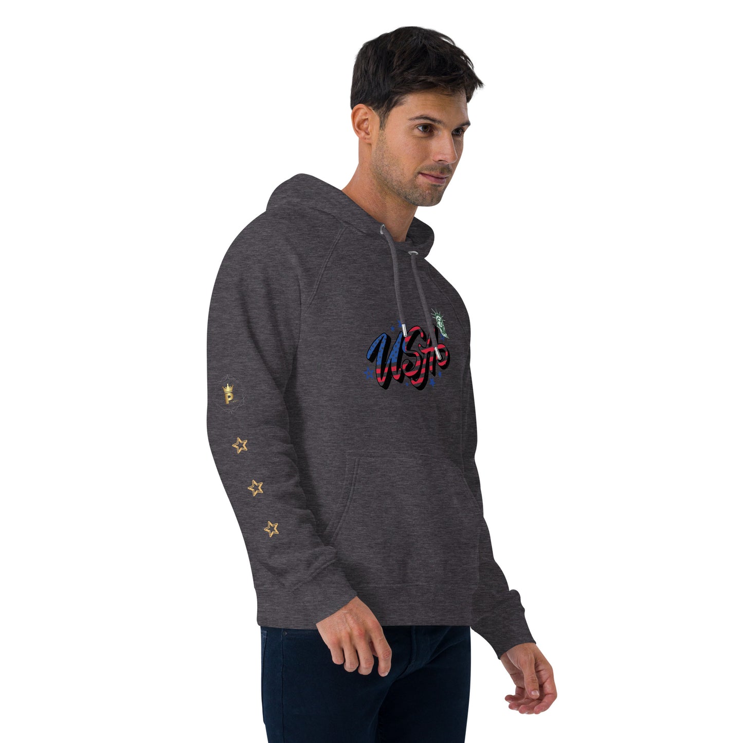 Unisex eco raglan hoodie (USA FLAGBURG AND STATUE OF LIBERTY)