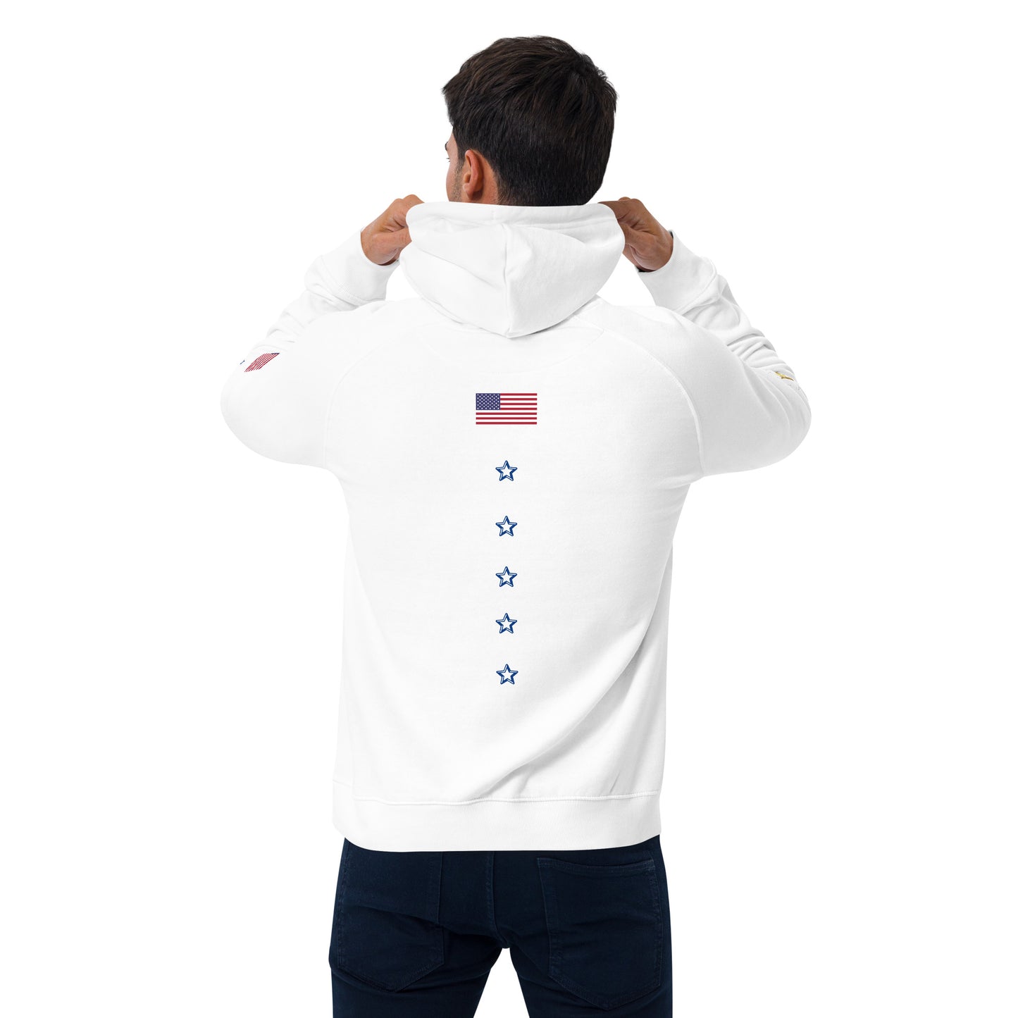 Unisex eco raglan hoodie (USA FLAGBURG AND STATUE OF LIBERTY)