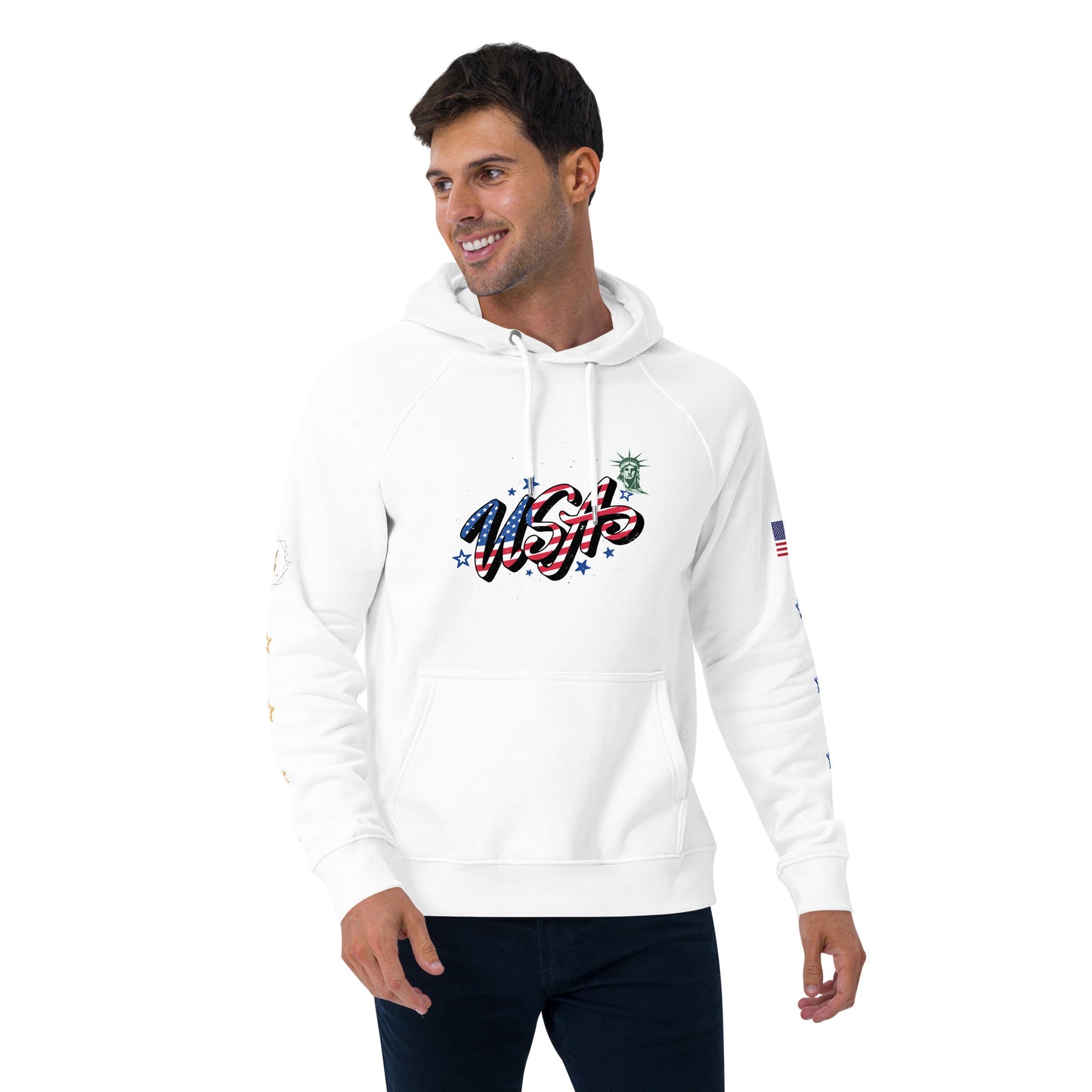 Unisex eco raglan hoodie (USA FLAGBURG AND STATUE OF LIBERTY)