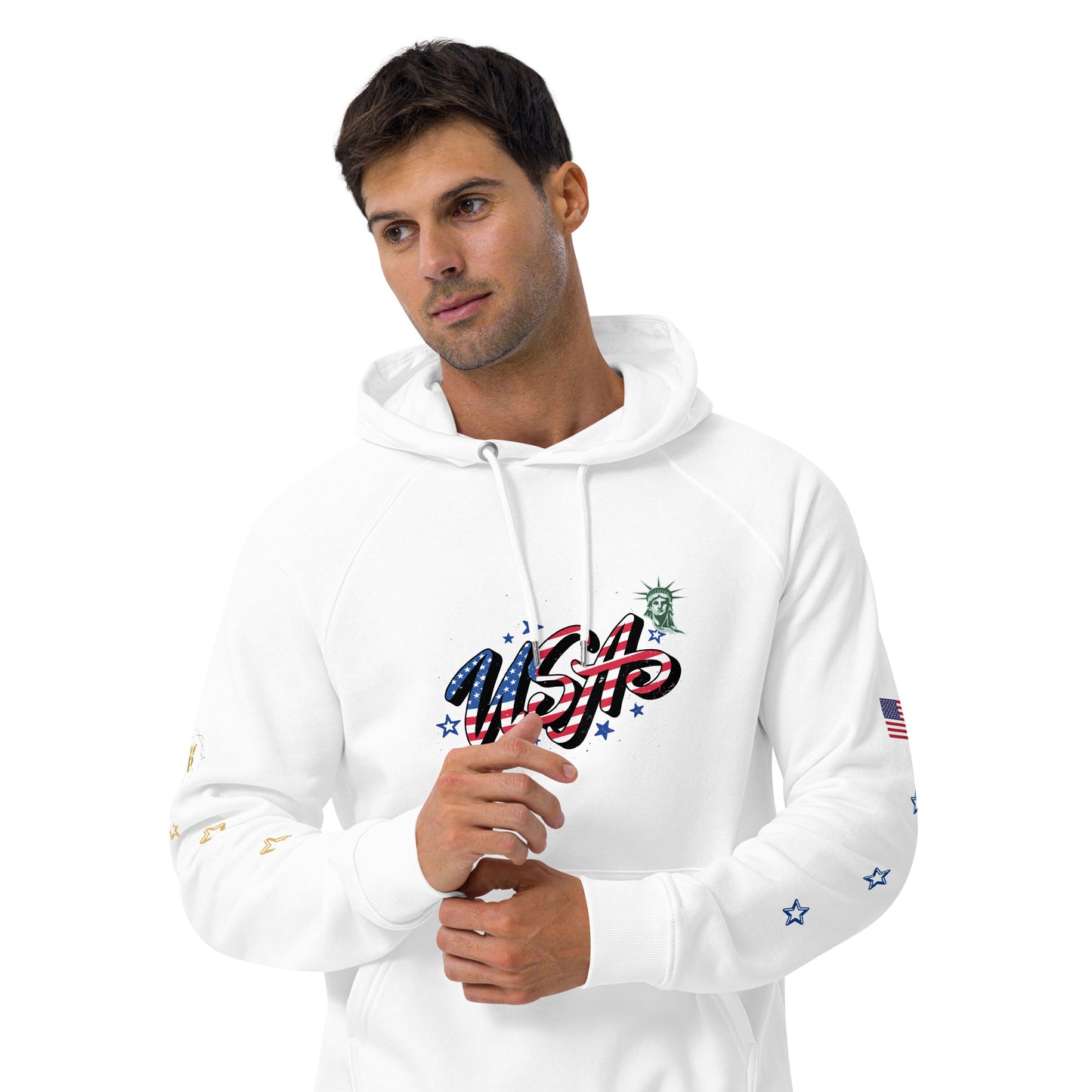 Unisex eco raglan hoodie (USA FLAGBURG AND STATUE OF LIBERTY)