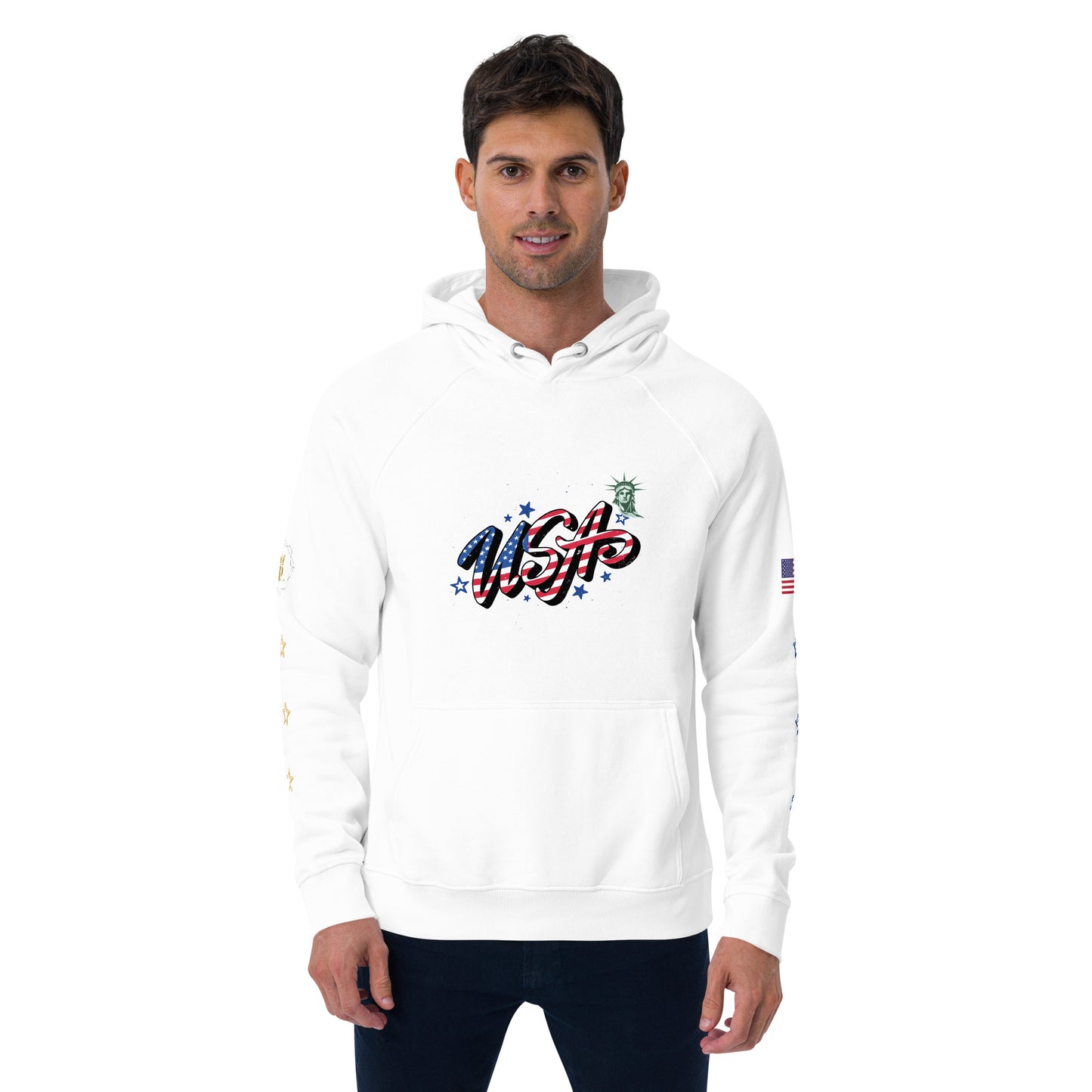 Unisex eco raglan hoodie (USA FLAGBURG AND STATUE OF LIBERTY)