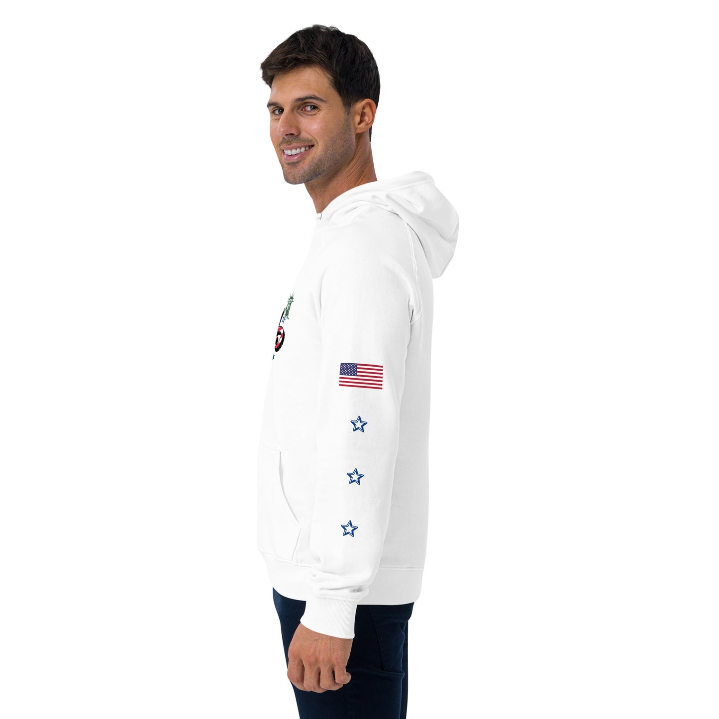 Unisex eco raglan hoodie (USA FLAGBURG AND STATUE OF LIBERTY)