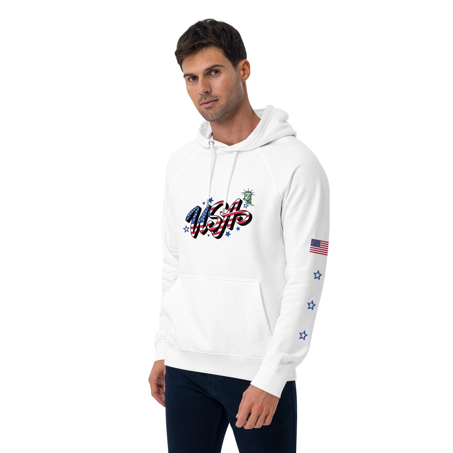 Unisex eco raglan hoodie (USA FLAGBURG AND STATUE OF LIBERTY)