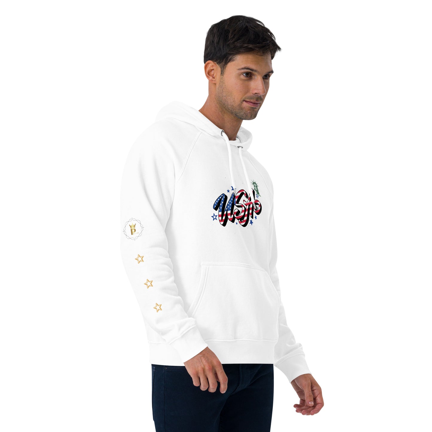 Unisex eco raglan hoodie (USA FLAGBURG AND STATUE OF LIBERTY)