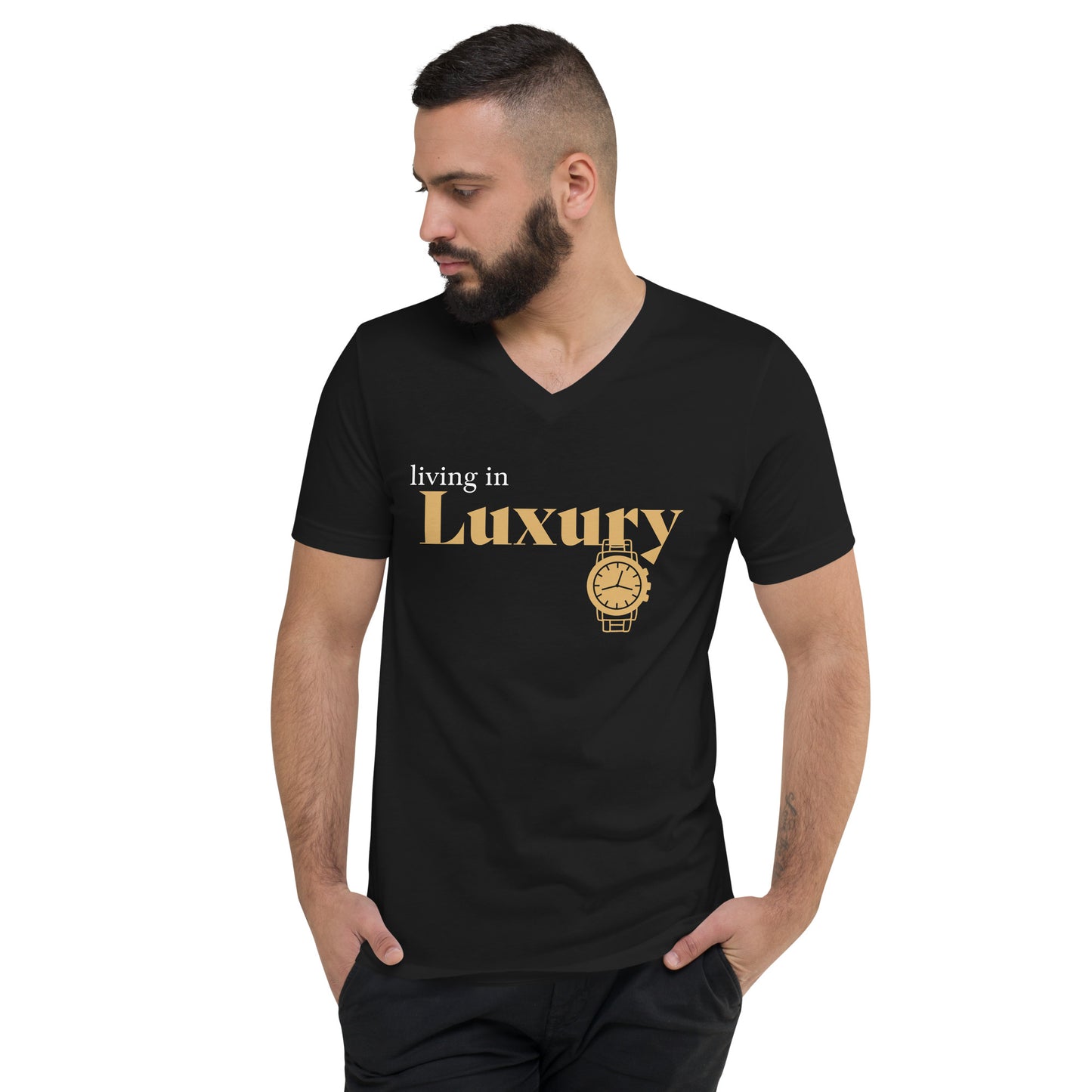 Men's Short Sleeve V-Neck T-Shirt (Living in Luxury) black