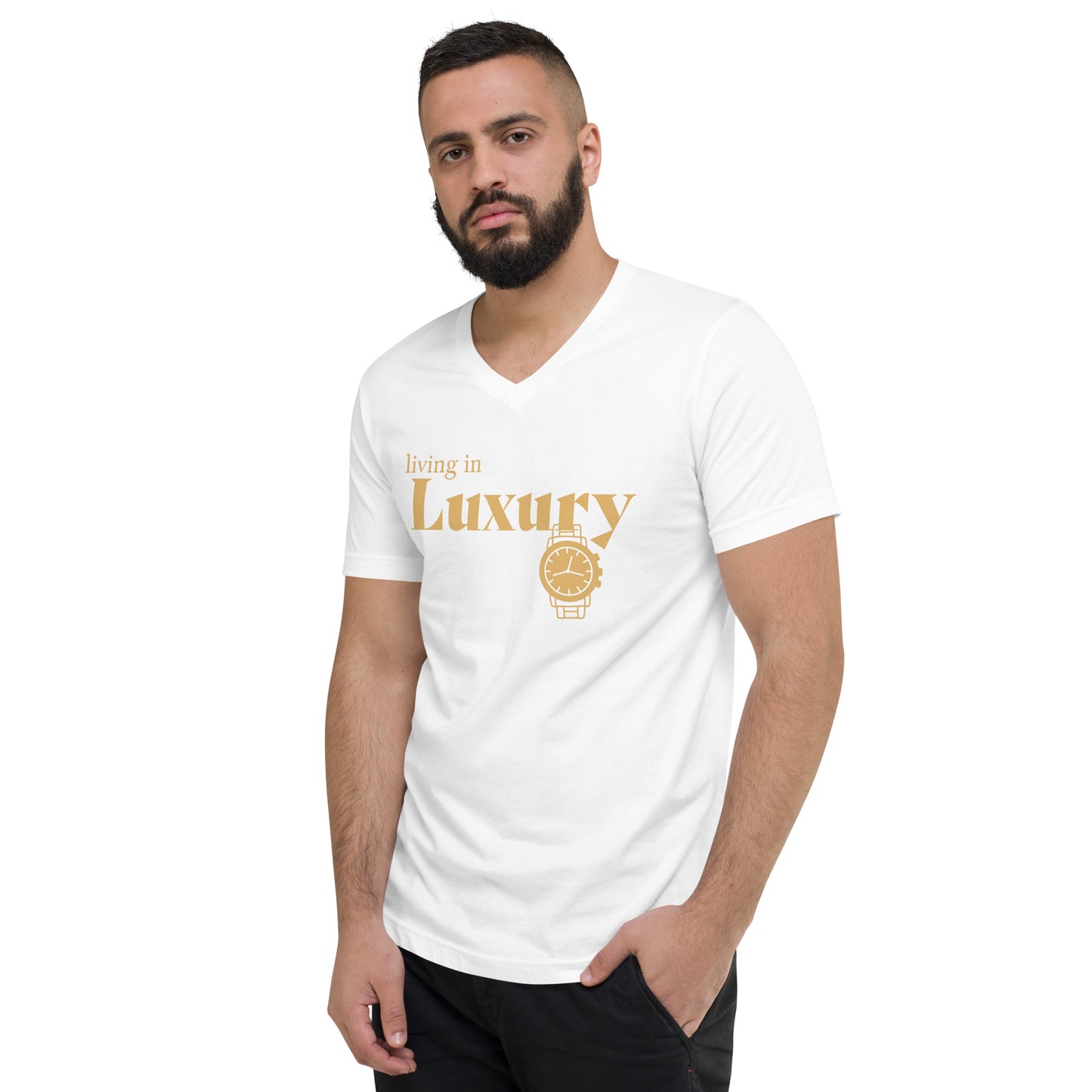 Men's Short Sleeve V-Neck T-Shirt (Living in Luxury) white